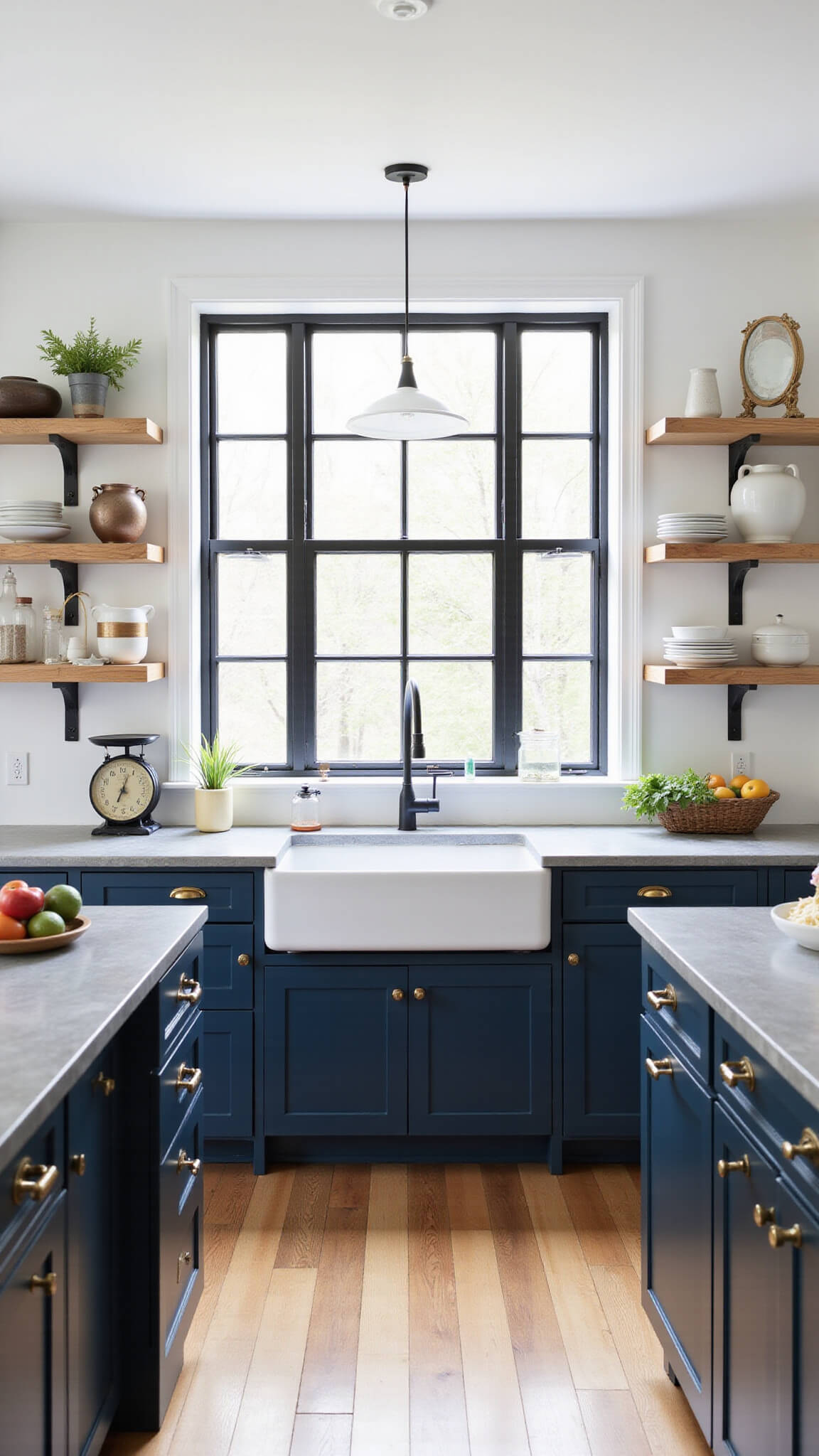 Modern farmhouse kitchen with navy cabinets, white oak shelves, concrete countertops, farmhouse sink under black-framed window, and vintage-style decor in bright midday light.