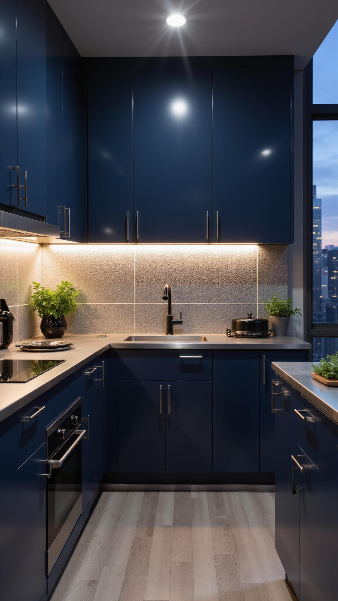 Compact navy blue urban kitchen with stainless steel finishes, glass tile backsplash, and dramatic dusk lighting.