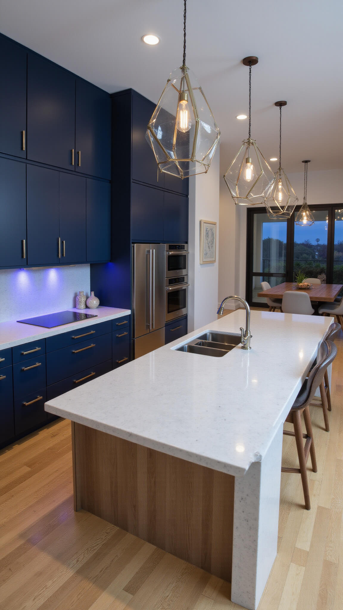 Contemporary twilight kitchen with navy cabinets, waterfall quartz island, geometric lights, and walnut accents in open-concept space.