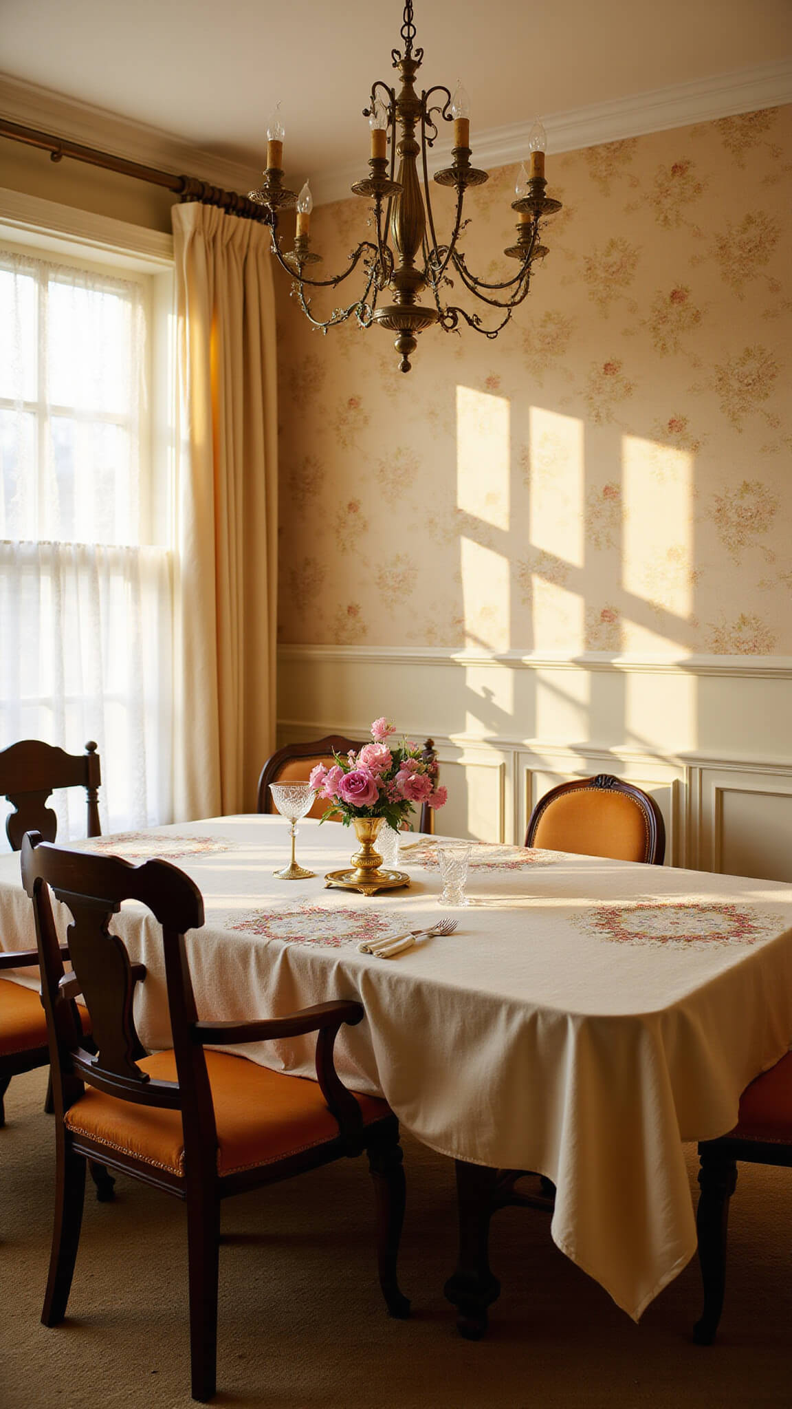 Photorealistic sunlit dining room with mahogany table, vintage wallpaper, lace curtains, and velvet chairs at golden hour.