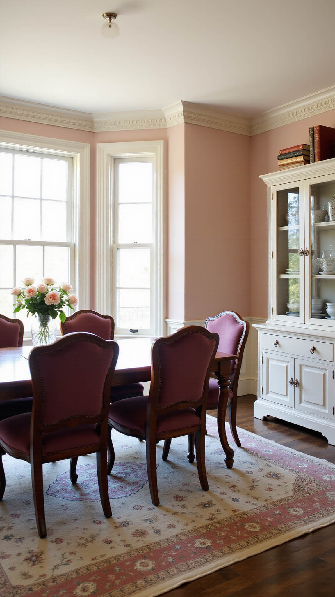 Grandmillennial dining room with pale pink walls, burgundy velvet chairs, vintage china cabinet, and sunlight streaming through tall windows.