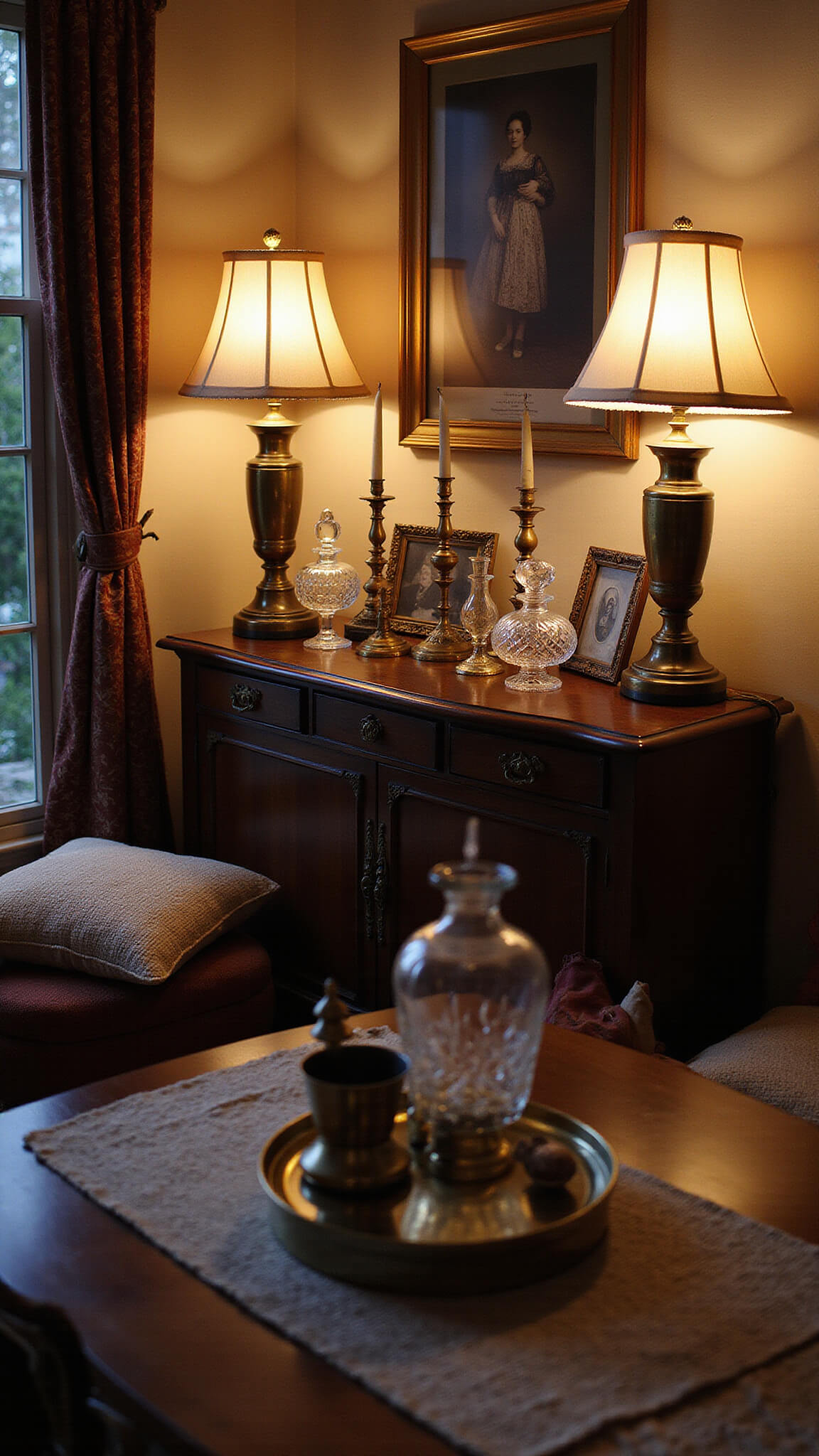 Moody corner of a vintage dining room with antique sideboard displaying brass candlesticks, gold-framed family photos, and crystal decanters, softly lit by table lamps with dramatic shadows.