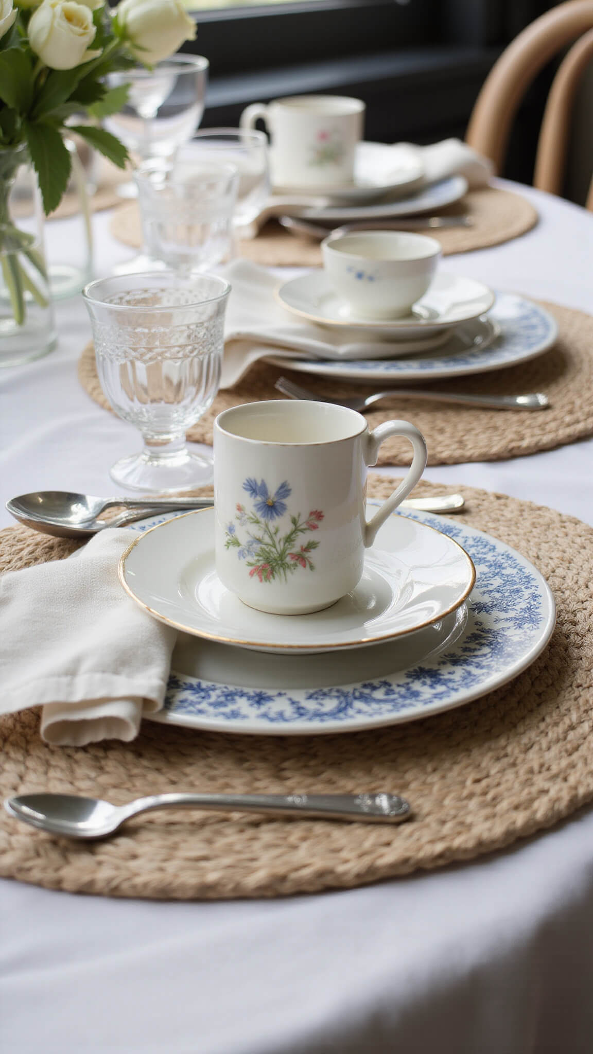 Close-up of layered place setting with vintage china, crystal glassware, modern linen napkins, and embroidered tablecloth in soft window light.