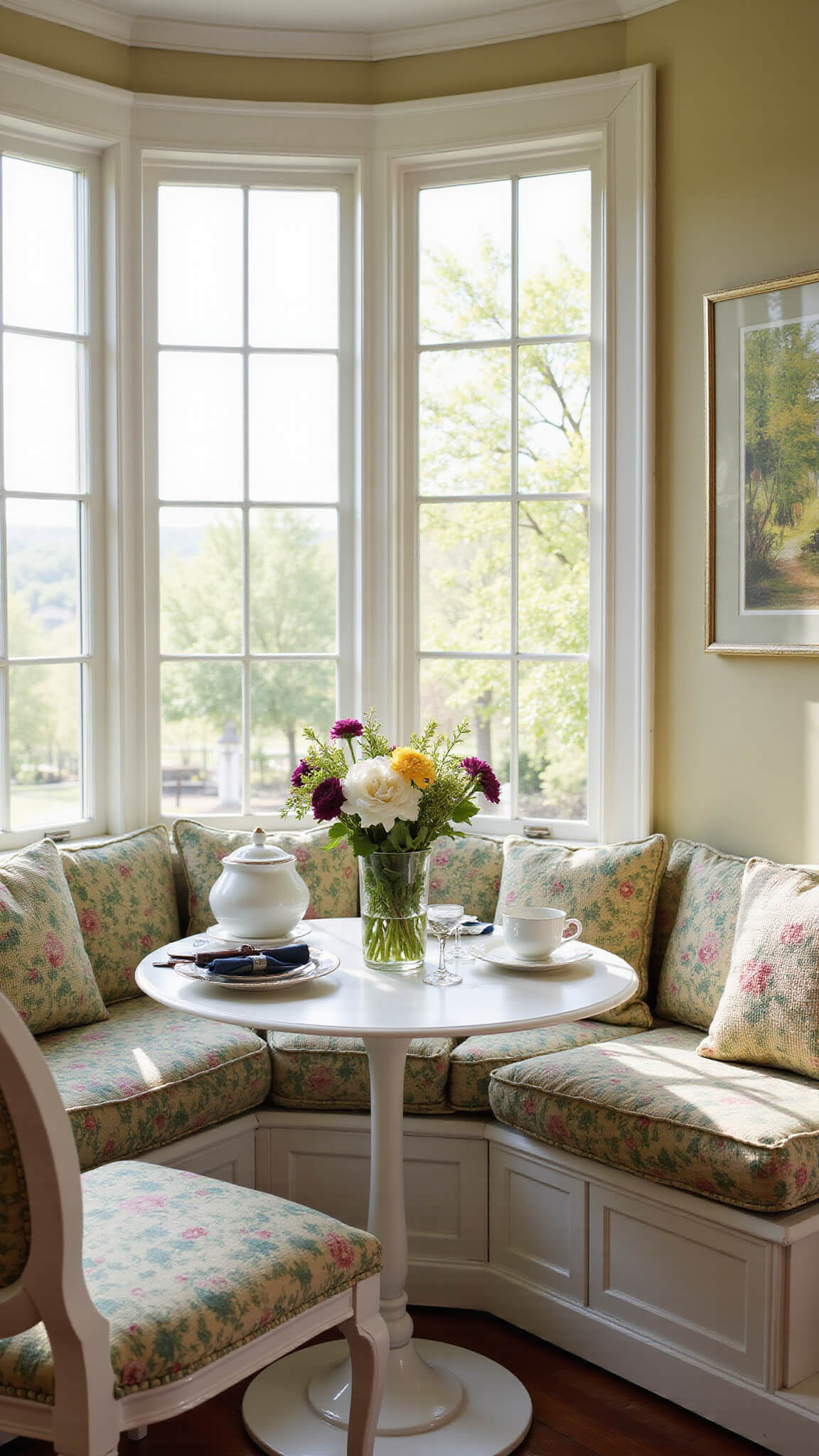 Cozy vintage breakfast nook bathed in morning light with floral chintz seating, needlepoint pillows, and a bistro table set with mismatched china and fresh flowers.