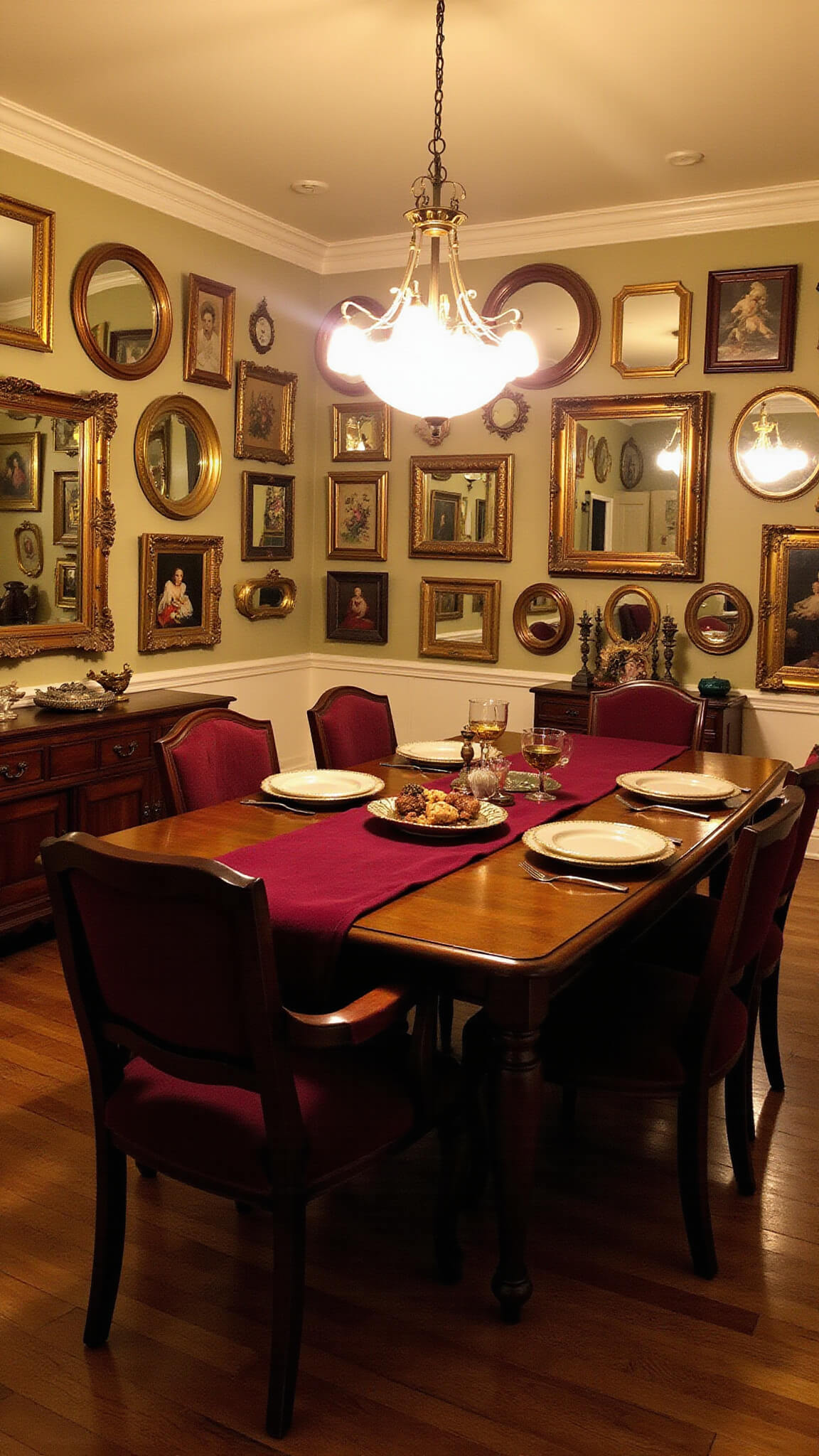 Twilight dining room with vintage mirrors reflecting chandelier light, warm cream walls, gilded frames, mahogany dining set, and burgundy accents.