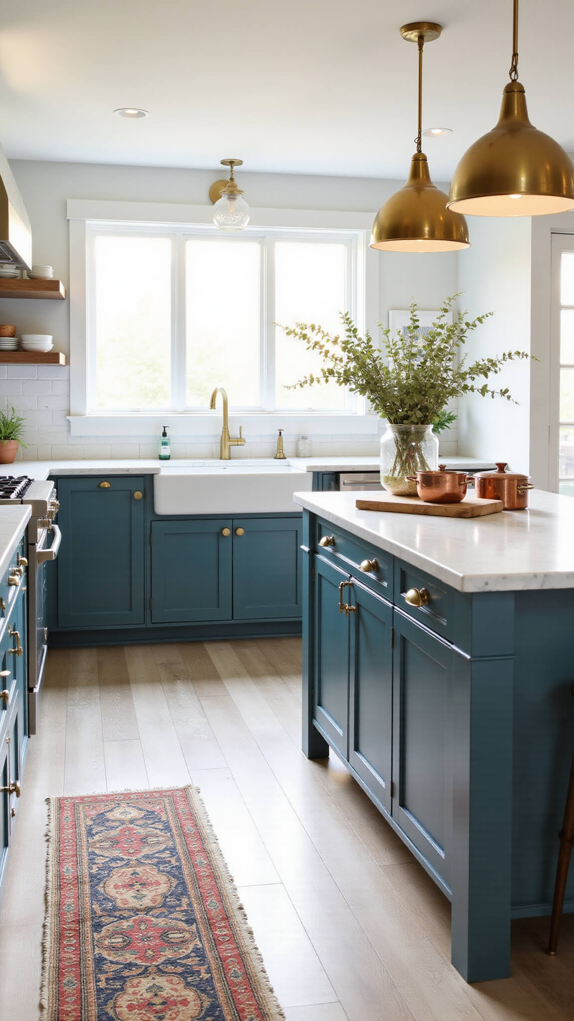 Modern farmhouse kitchen with teal cabinets, brass hardware, marble countertops, and morning sunlight highlighting warm decor and metallic accents.