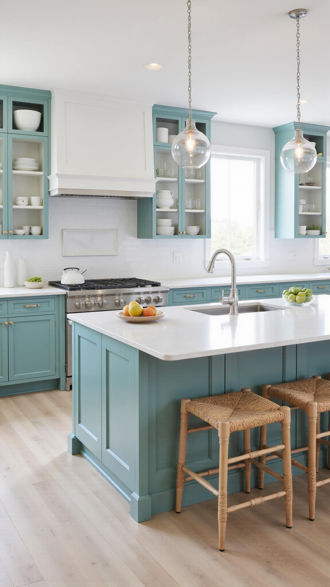 High-angle view of coastal kitchen with Aegean Teal cabinets, white quartz countertops, rattan barstools, woven pendants, and open shelving with white ceramics.