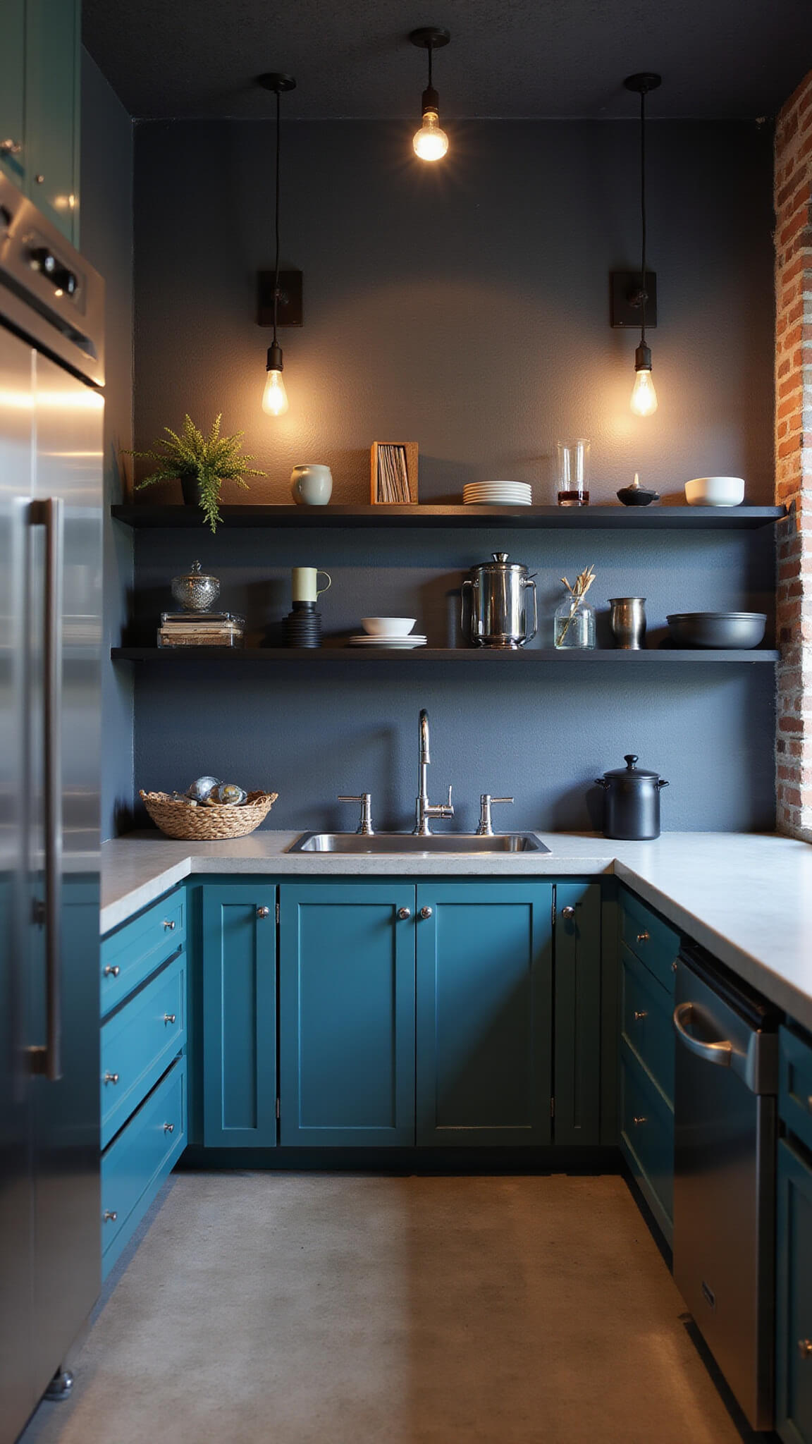 Industrial chic kitchen with Behr Intense Teal cabinets, stainless steel appliances, concrete countertops, black metal shelving, and exposed brick wall, lit warmly by Edison bulbs during blue hour.