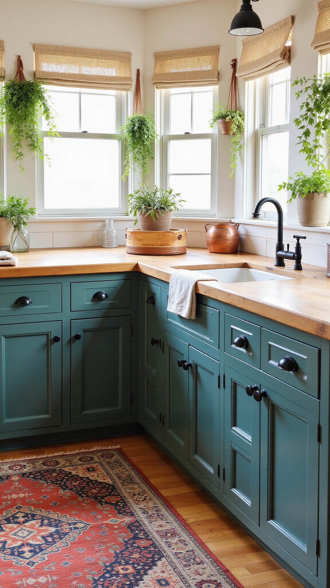 Bohemian kitchen with teal Vardo cabinets, butcher block countertops, vintage Turkish rug, hanging plants, and macramé curtains filtering afternoon light.