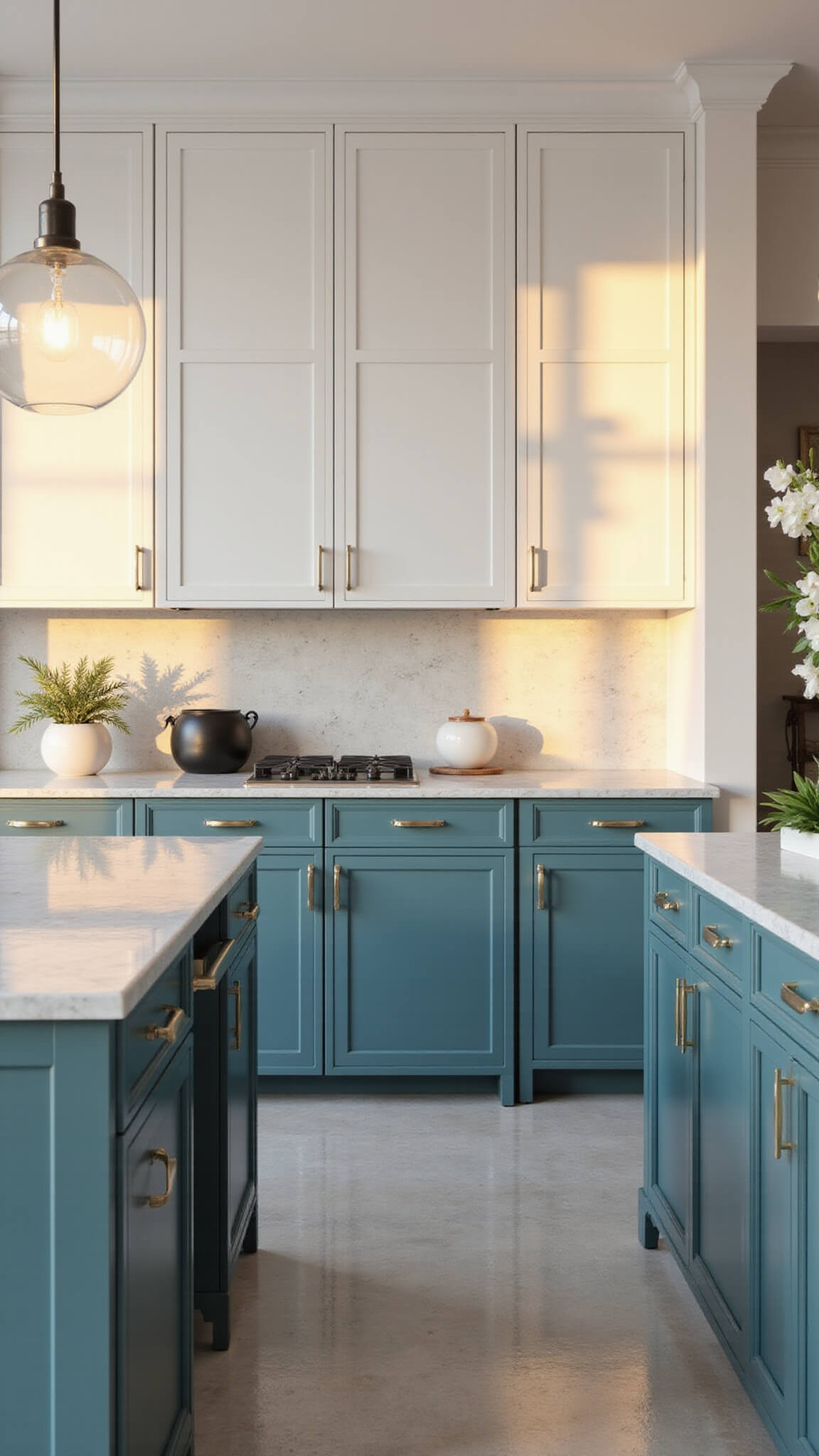 Contemporary kitchen with white and Oceanside teal cabinetry, marble countertops, and golden hour lighting casting dramatic shadows.