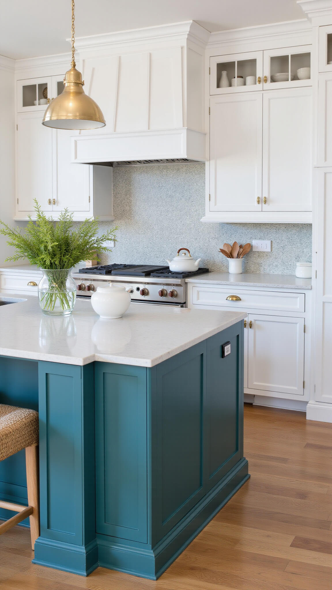 Transitional 19'x15' kitchen with teal Aegean Teal island, white perimeter cabinets, quartz waterfall countertop, brass accents, textured wallpaper, and woven barstools.