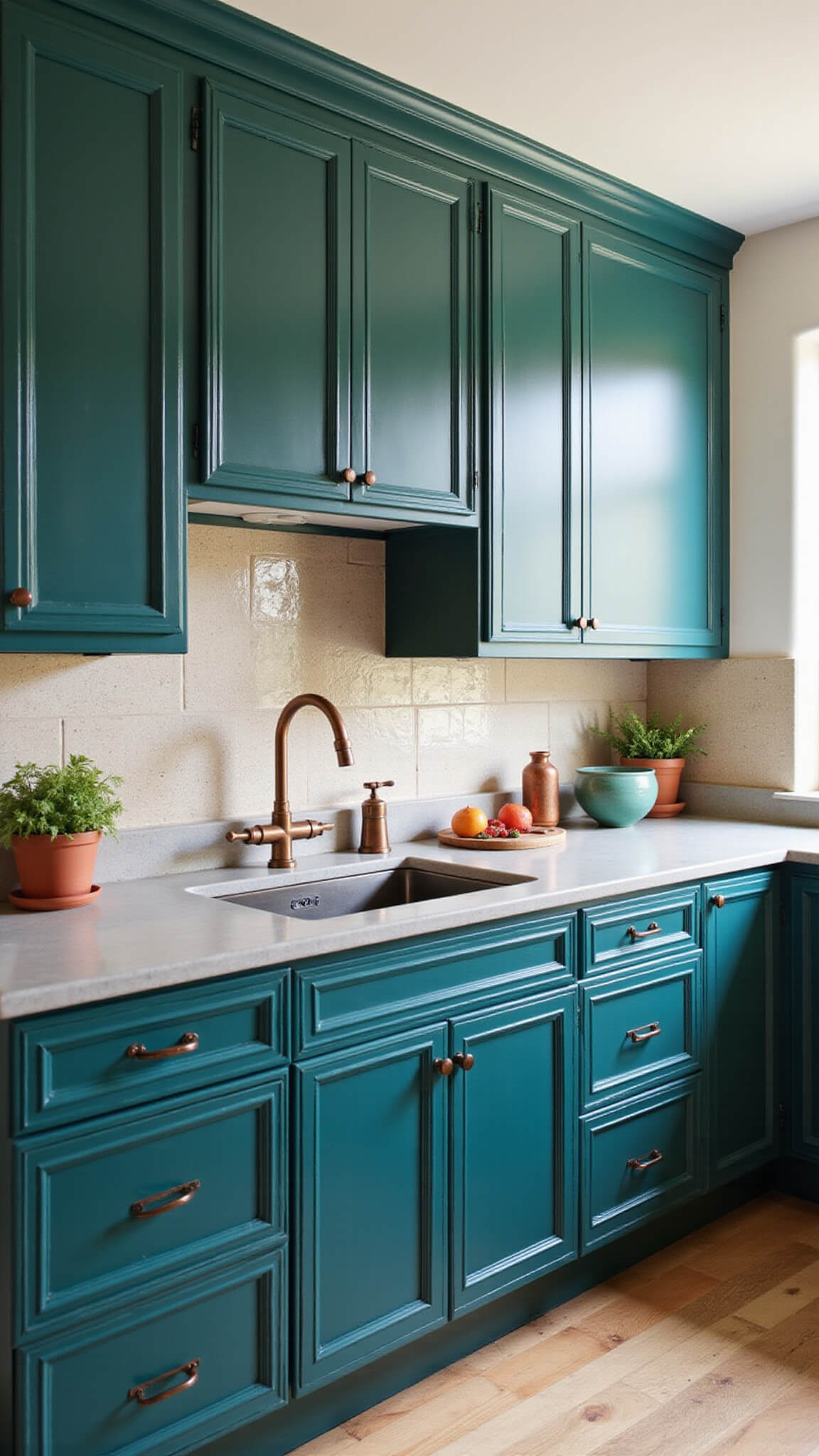 Modern Mediterranean kitchen with Vardo teal carved cabinets, copper hardware, concrete countertops, handmade tile backsplash, terracotta accents, and potted herbs in late afternoon light.