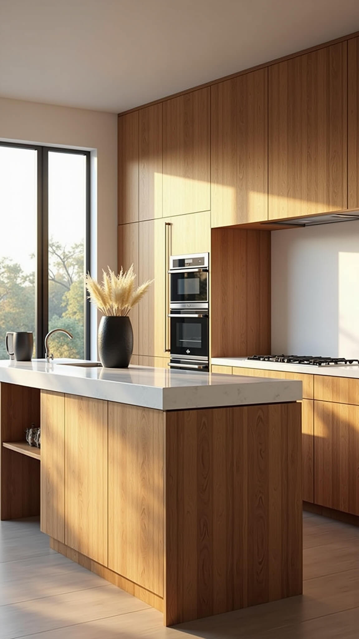 Golden hour kitchen with alder wood cabinets, white quartz island, and natural light highlighting wood grain.