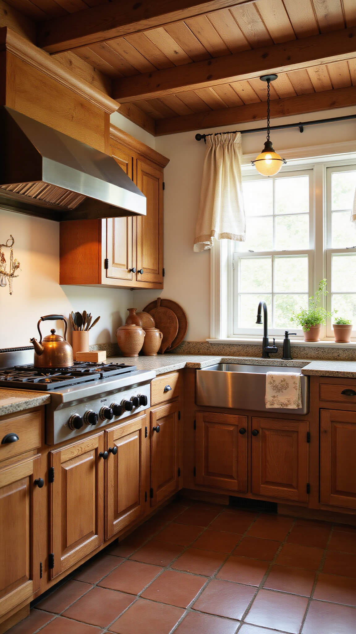 Cozy rustic kitchen at dawn with alder cabinets, copper kettle, farmhouse sink, and terracotta tiles softly lit by morning light.