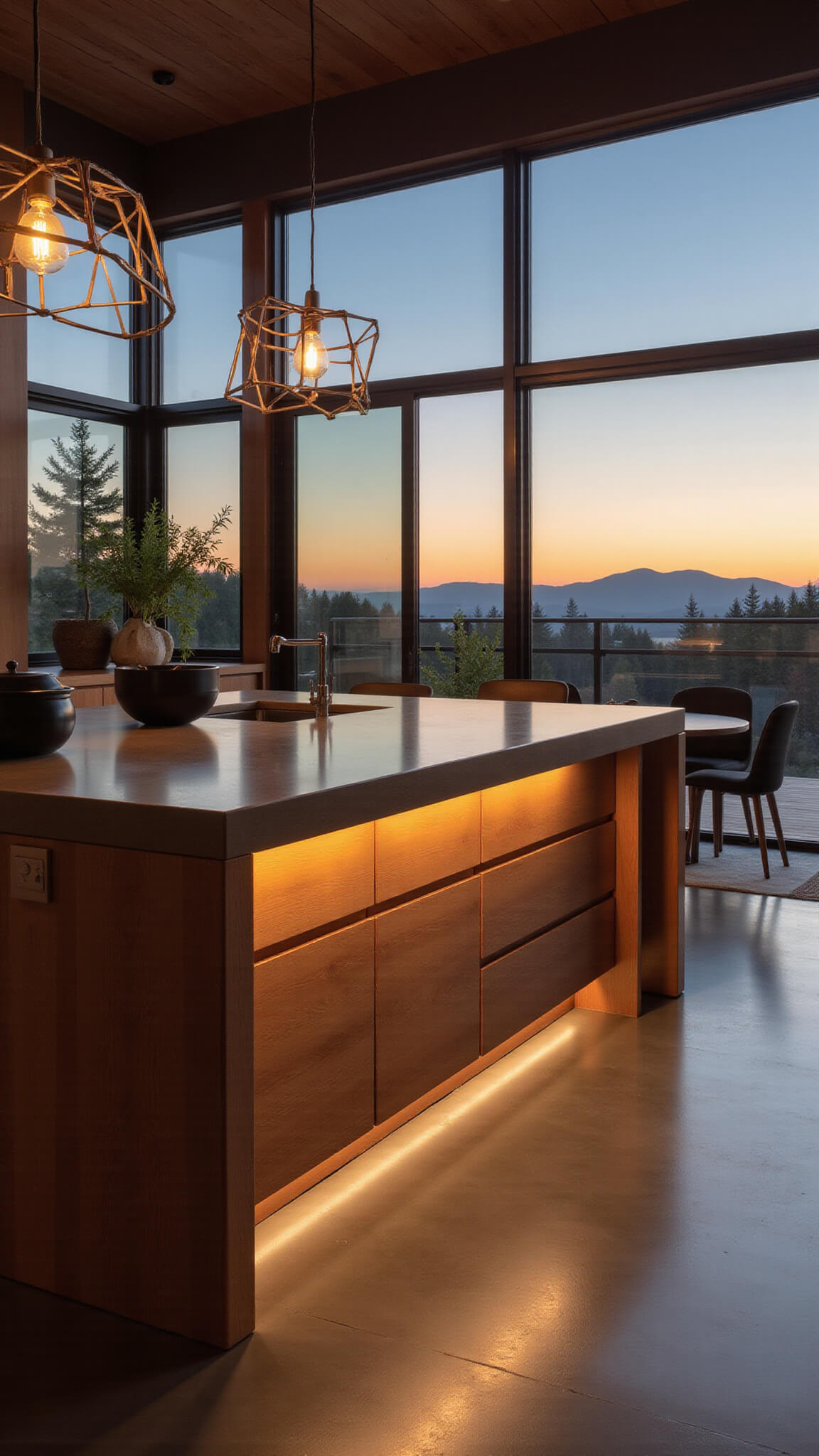 Contemporary open-concept kitchen with alder cabinets, waterfall island, LED lighting, and sunset reflection in floor-to-ceiling windows.