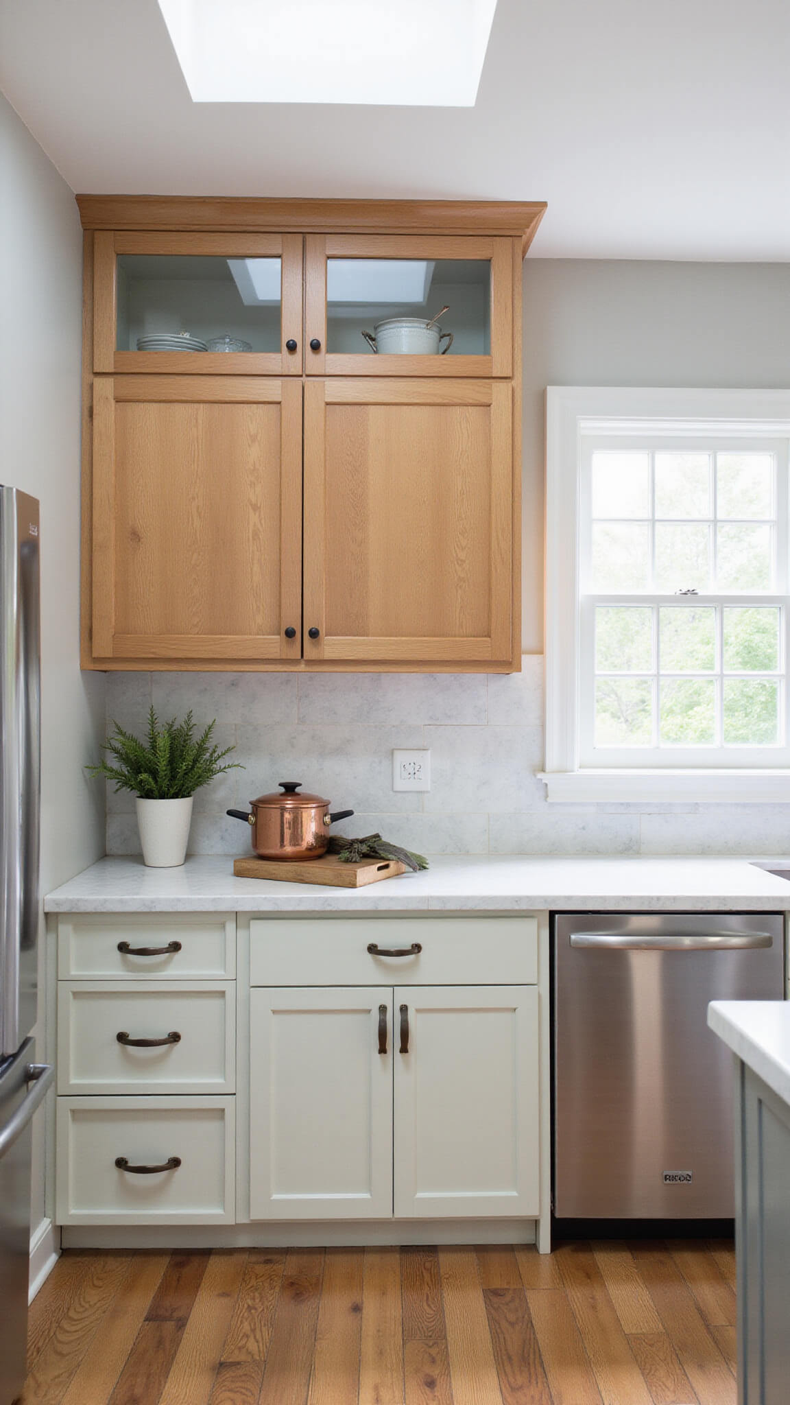 Bright transitional kitchen with two-tone alder and painted cabinets, marble backsplash, mixed metals, and vintage-modern decor lit by afternoon skylight.