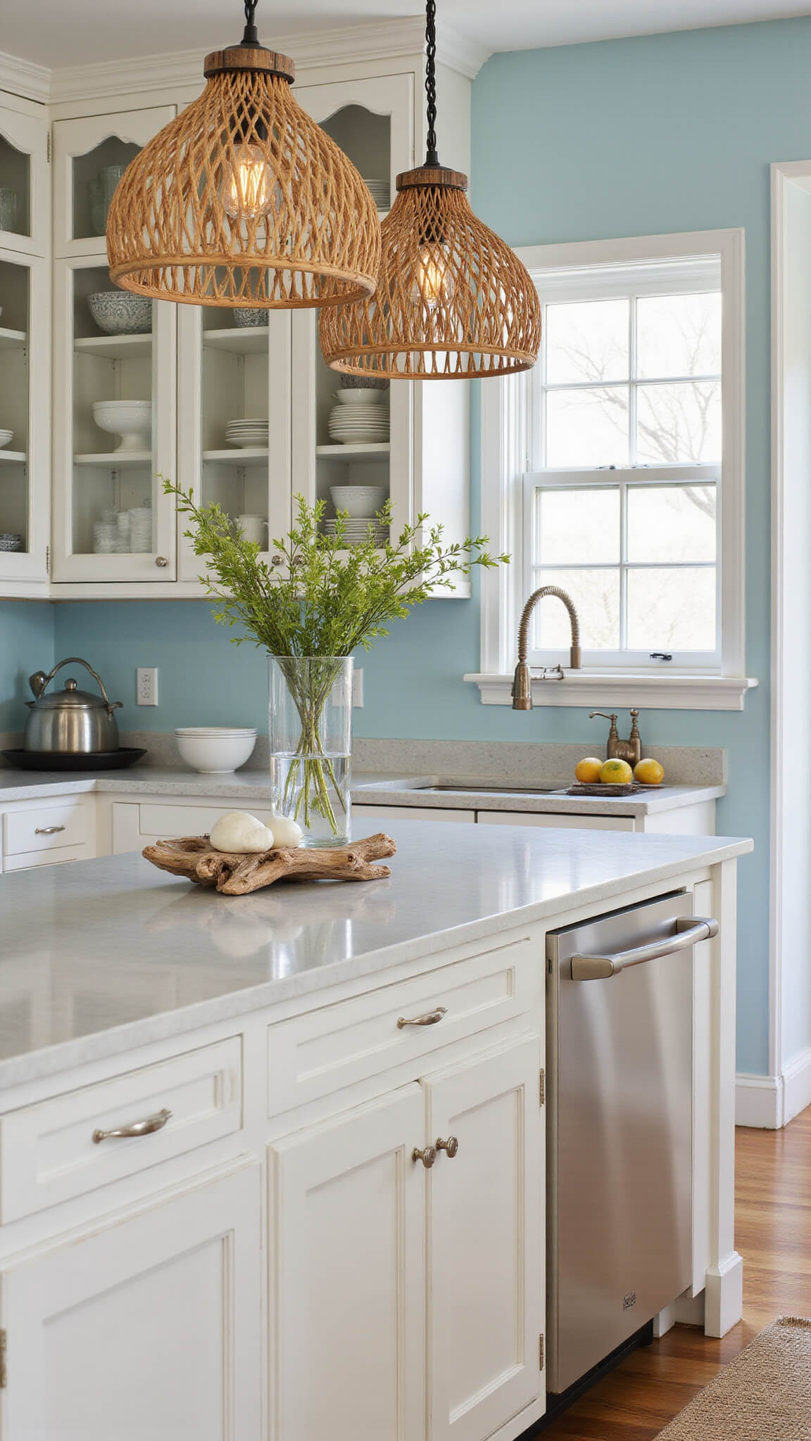 Bright coastal kitchen with light alder cabinets, pale blue walls, white stone counters, and rattan pendant lights casting shadows.