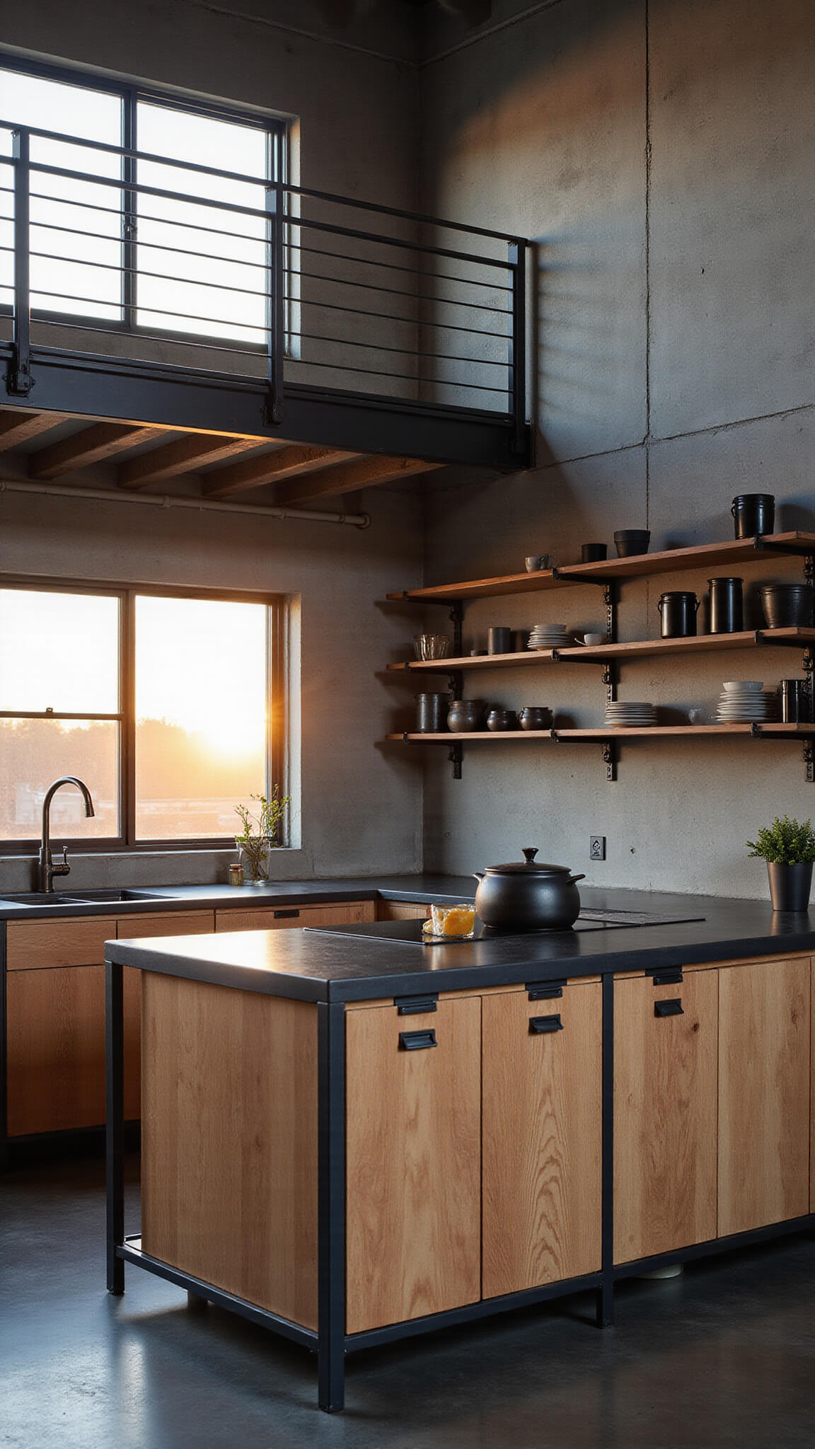 Loft-style kitchen with raw alder cabinetry, black metal frames, and copper pipe shelving at sunset, viewed from mezzanine level.