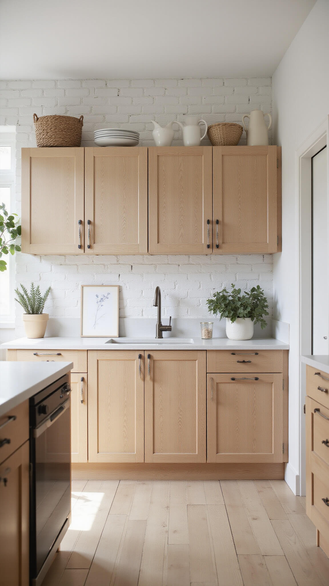 Scandinavian kitchen with blonde alder cabinets, whitewashed brick walls, pale wood floors, and minimalist decor in natural light.