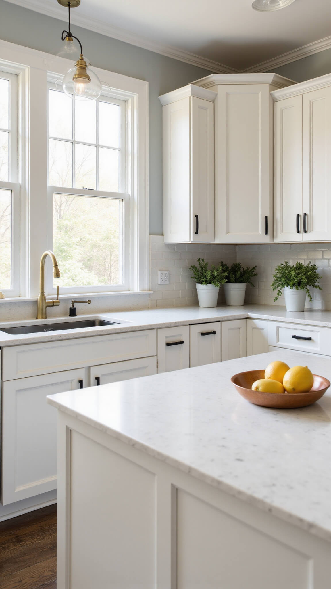 Bright 12x15ft kitchen with White Dove shaker cabinets, marble-veined quartz counters, brass pendant lights over island, and morning sunlight highlighting soft white and gray tones.