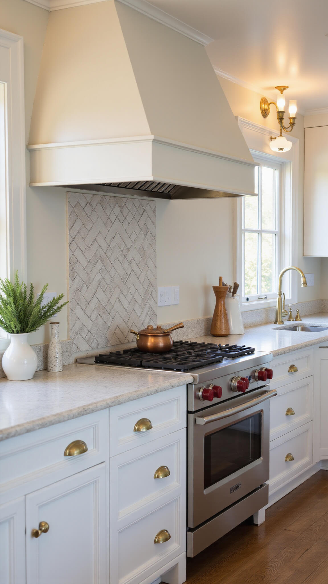 Golden hour kitchen scene showing White Dove cabinets meeting a herringbone marble backsplash, with brass sconce lighting, copper cookware, and white oak flooring.
