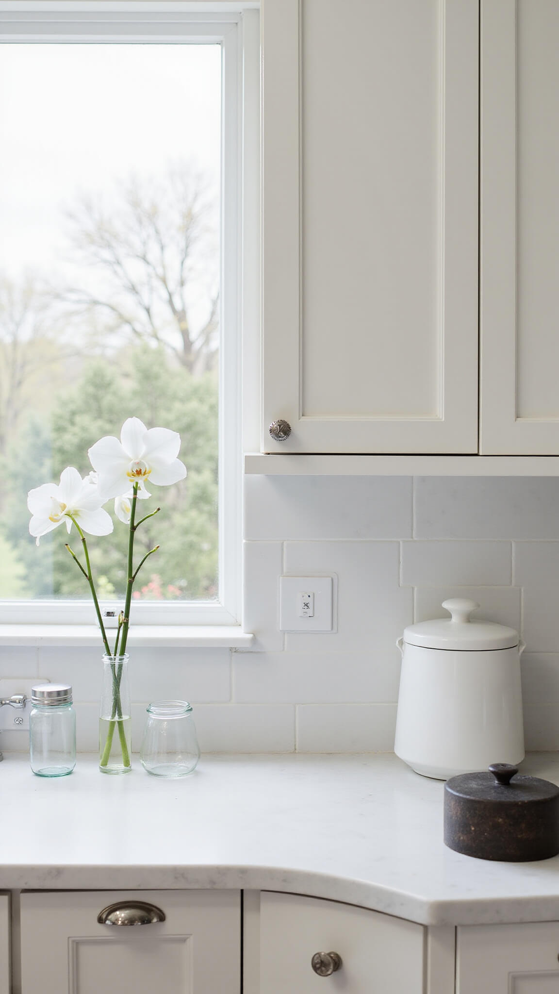 Minimalist kitchen detail with layered white tones, featuring cabinets, quartz countertop, matte subway tile, white ceramics, clear glass canisters, chrome fixtures, and a white orchid under natural skylight.