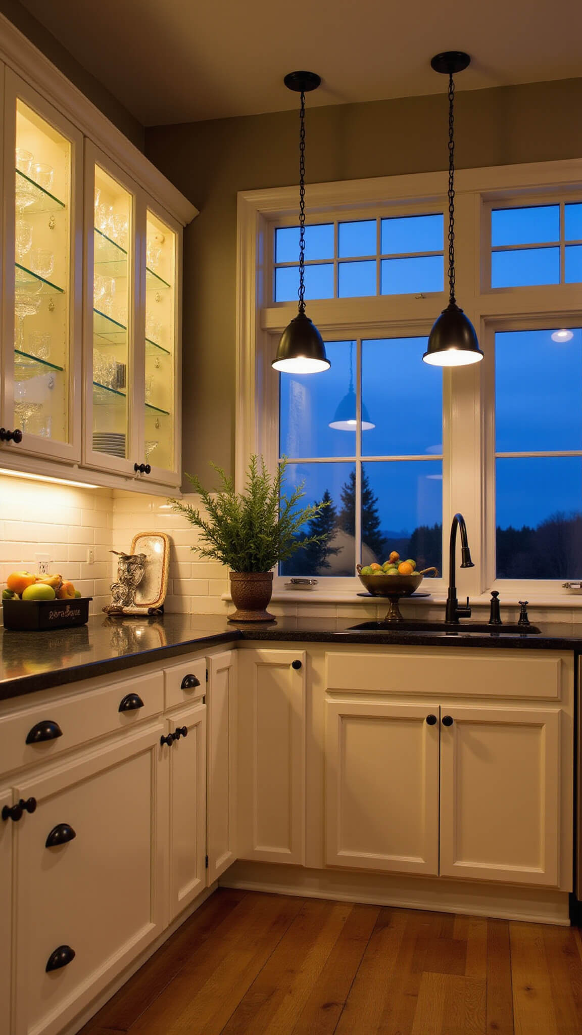 Dramatic dusk kitchen with White Dove cabinets, black hardware, under-cabinet and pendant lighting, glass-front uppers displaying crystal, and twilight visible through windows.