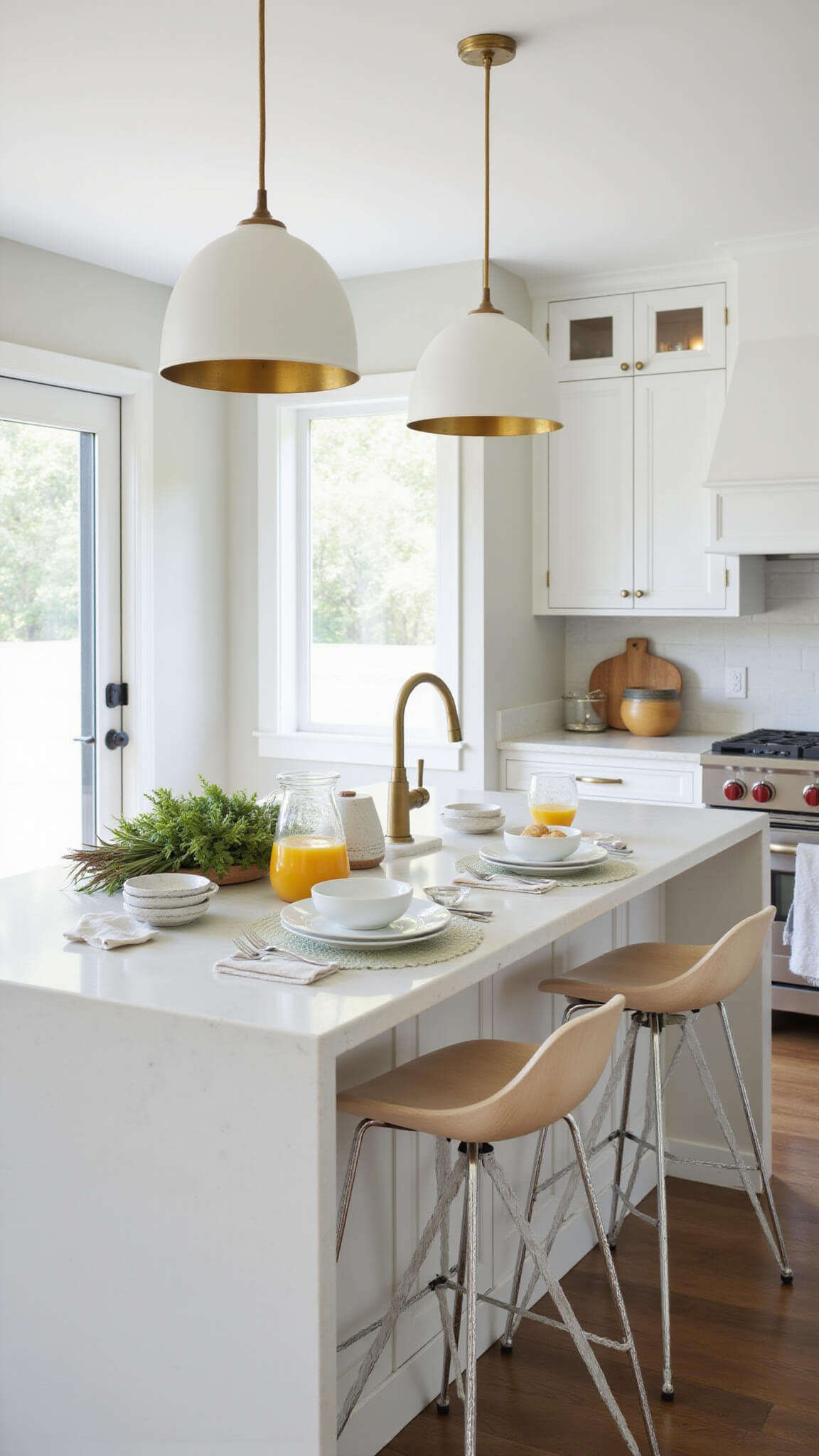 Bright kitchen with White Dove island featuring waterfall quartz edges, brass fixtures, modern geometric bar stools, and a styled breakfast setup with white plates, linen napkins, and orange juice under natural and pendant lighting.