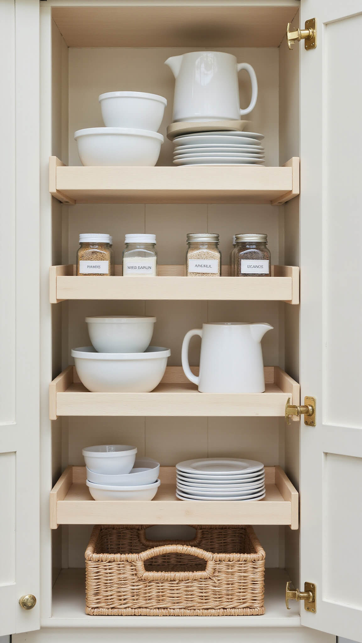Close-up of White Dove cabinet interior showing organized dishware, pull-out organizers, brass hardware, labeled spice jars, and woven baskets in soft, diffused lighting.