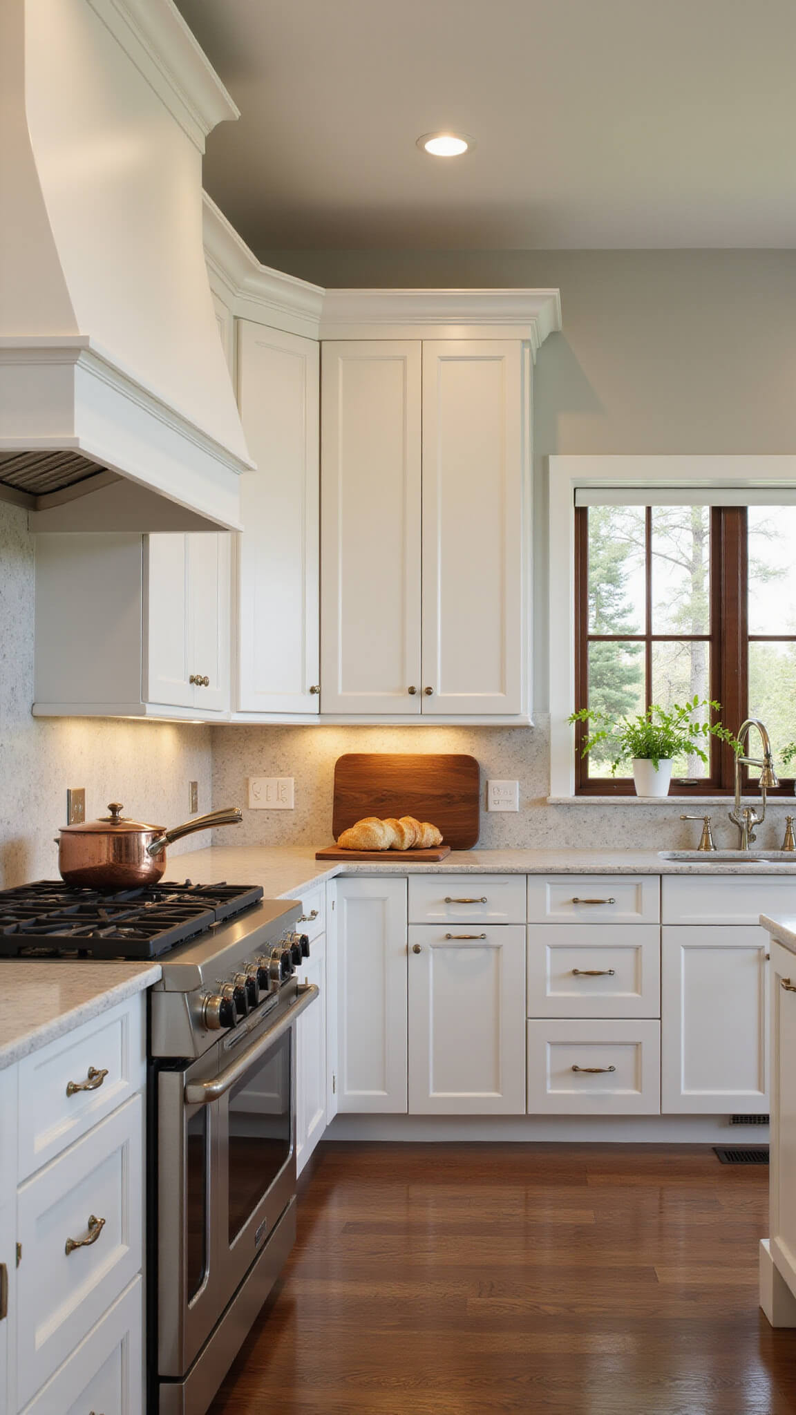 Elegant transitional kitchen at golden hour with White Dove cabinets, marble backsplash, copper cookware, and herb garden, captured with wide-angle lens from elevated angle.