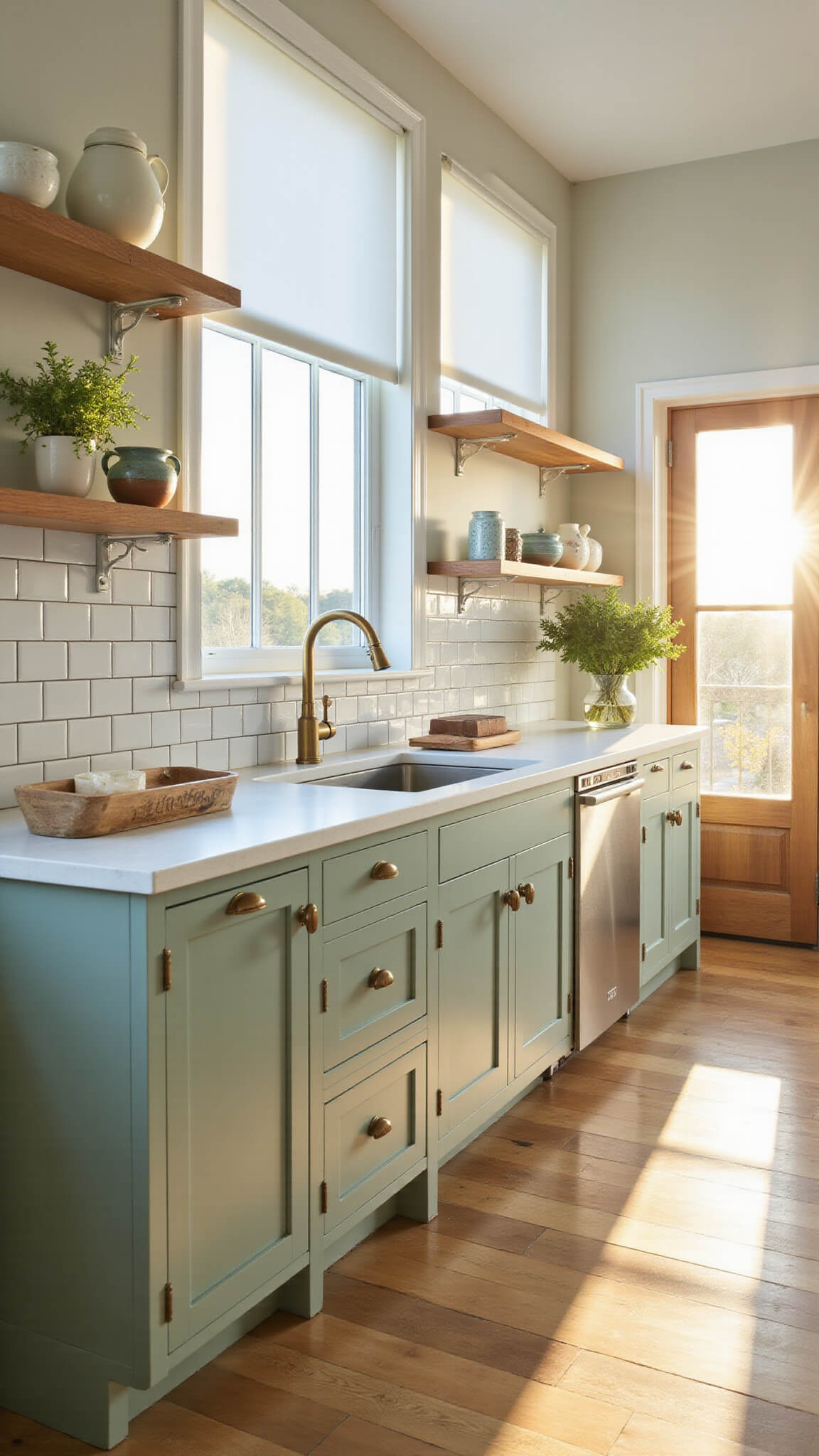 Airy 14x16ft kitchen with Dried Thyme cabinets, white quartz countertops, antique brass hardware, and sunlight streaming through west-facing windows at golden hour.
