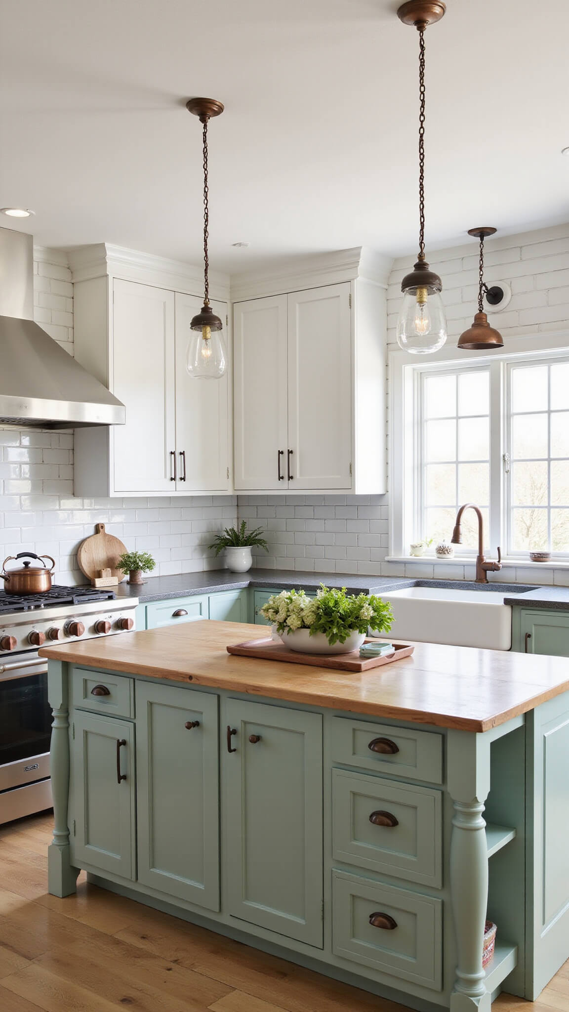 Modern farmhouse kitchen with Dried Thyme cabinets, butcher block island, white shiplap walls, and vintage pendant lights in soft morning light.