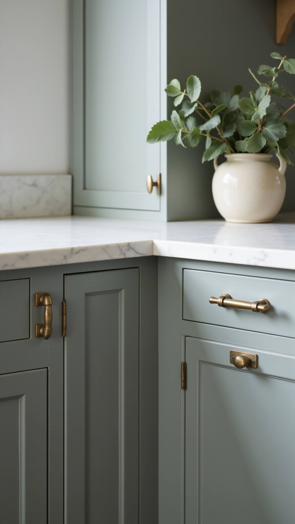 Close-up of sage green kitchen cabinet with aged brass hardware, white marble countertop, and pottery vase with eucalyptus in soft afternoon light.