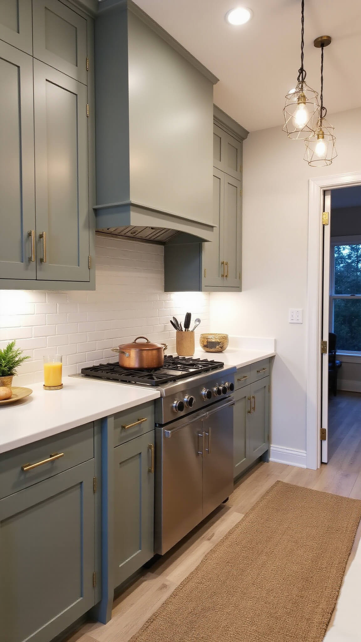 Transitional 16x20ft kitchen with Dried Thyme ceiling-height cabinets, cream walls, mixed metal finishes, geometric pendant lights, jute runner on white oak floor, and copper cookware, photographed at blue hour with warm artificial lighting.