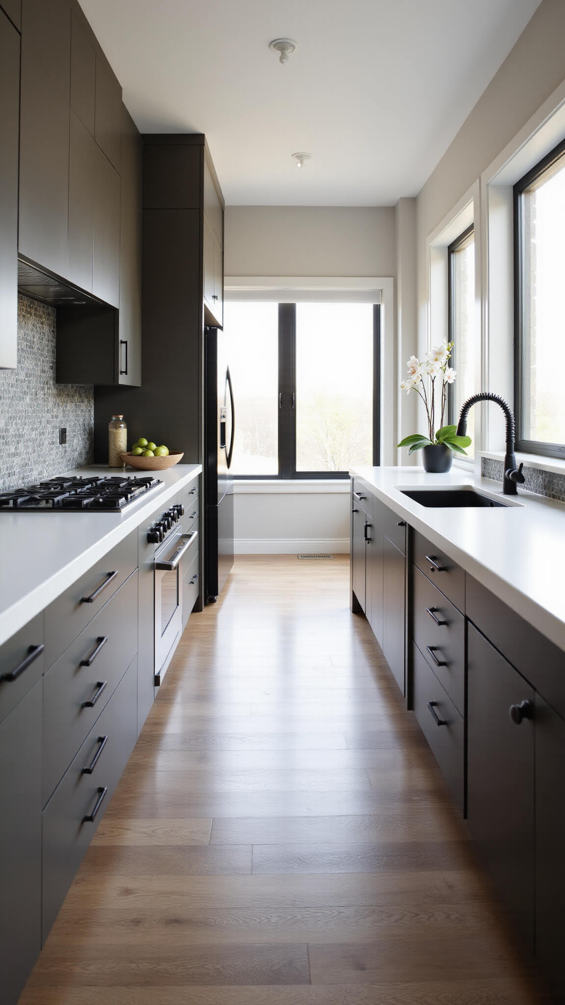 Modern galley kitchen with Dried Thyme cabinets, white waterfall countertop, geometric grey backsplash, and minimalist decor, viewed from entrance with morning light.