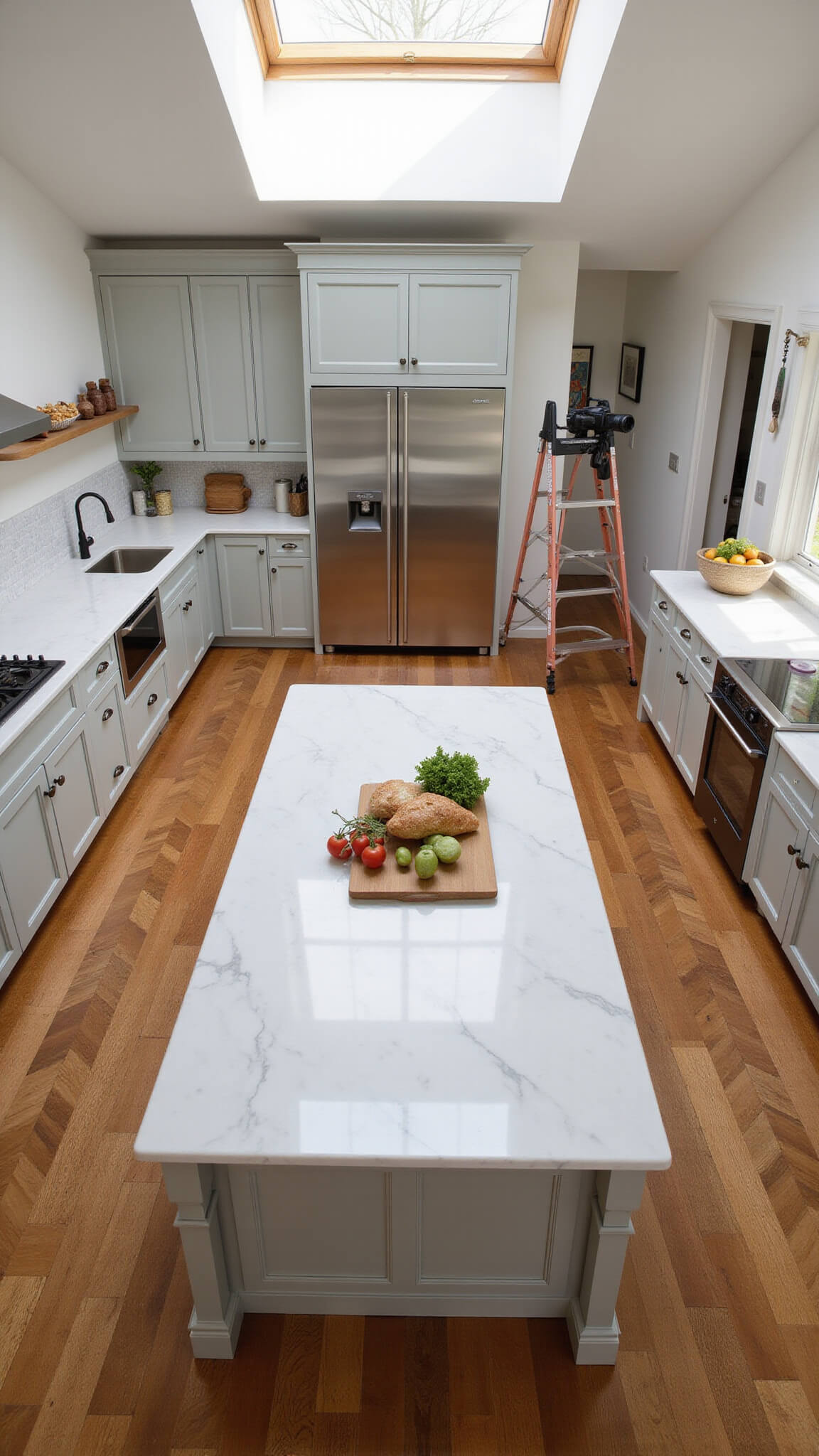 Overhead view of marble-topped kitchen island with produce and bread board, surrounded by Dried Thyme cabinetry and herringbone wood floors in natural morning light.