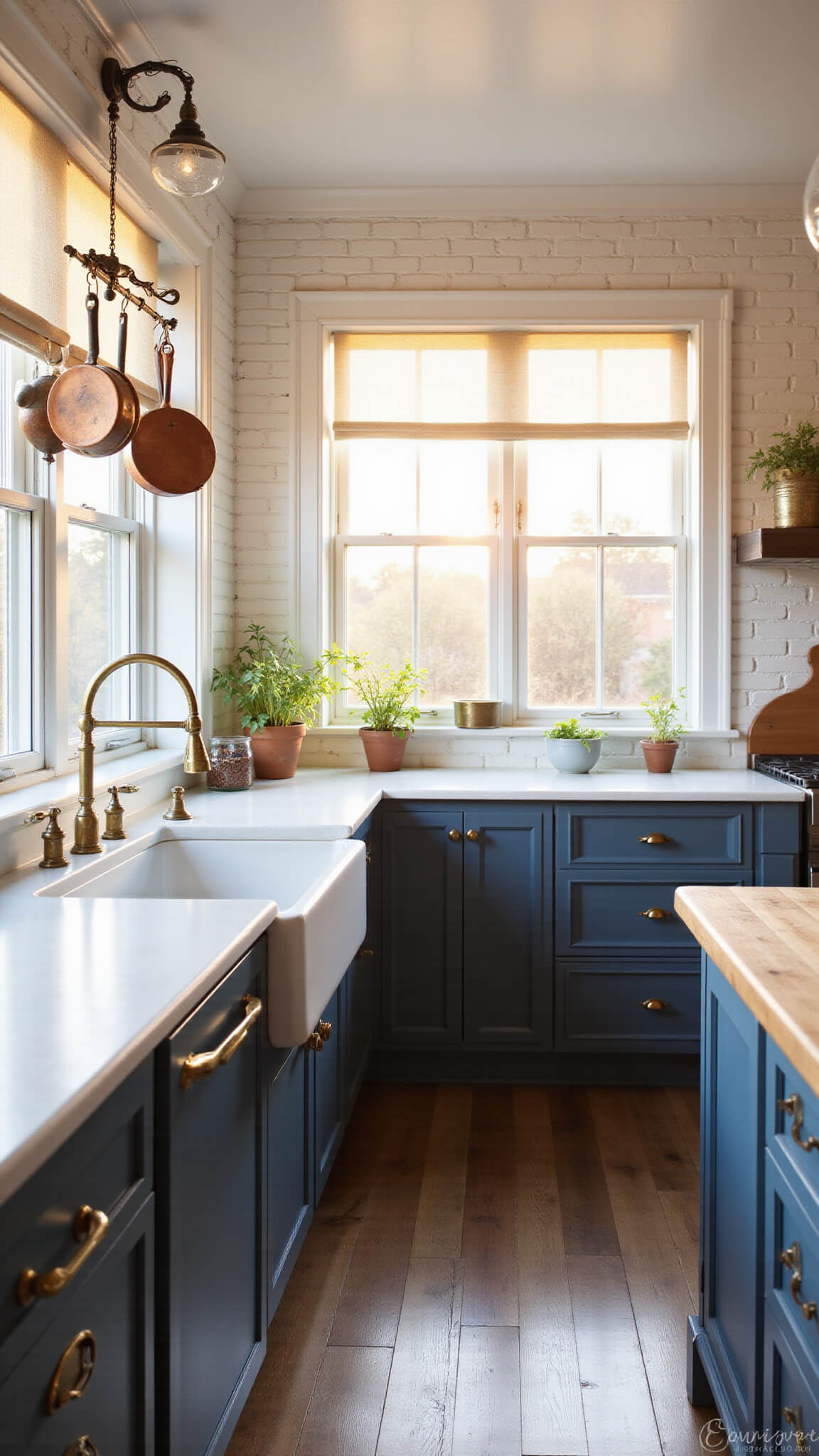 Sunlit farmhouse kitchen with navy shaker cabinets, white brick walls, butcher block island, and copper pots hanging from ceiling rack.