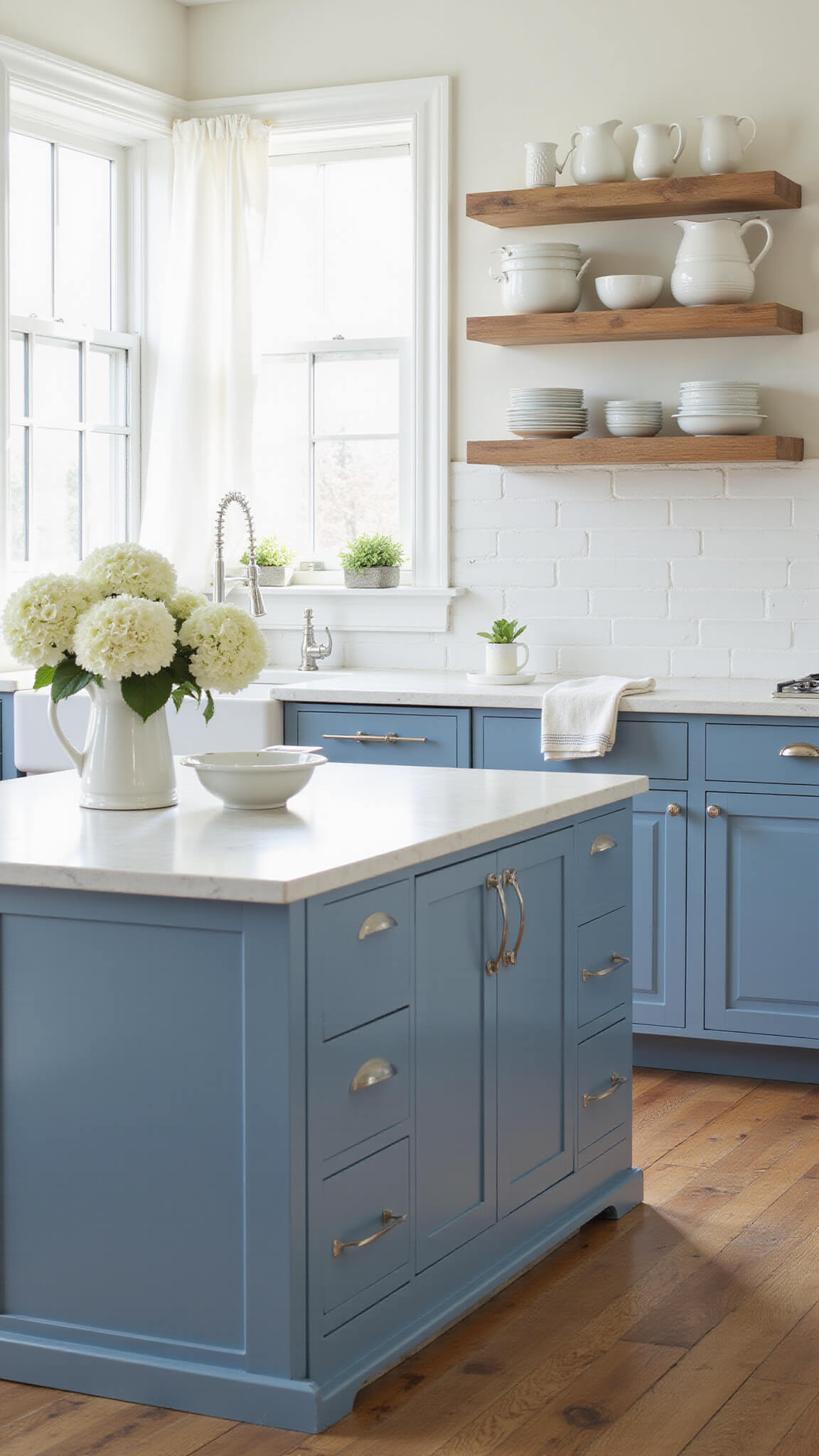 Wide-angle view of a bright 14x18' kitchen with Van Deusen Blue lower cabinets, white uppers, subway tile backsplash, farmhouse table island with white hydrangeas, and weathered oak floors.