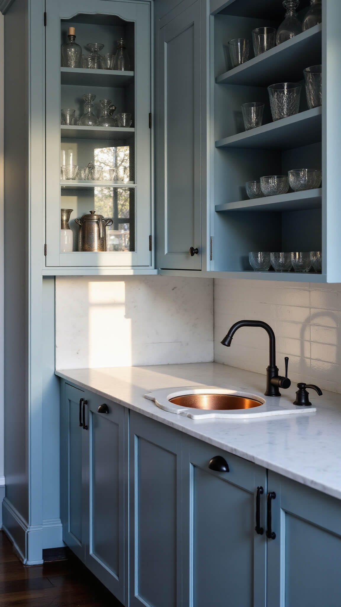 Butler's pantry with Hague Blue cabinets, leaded glass doors, and white marble counters in late afternoon light.
