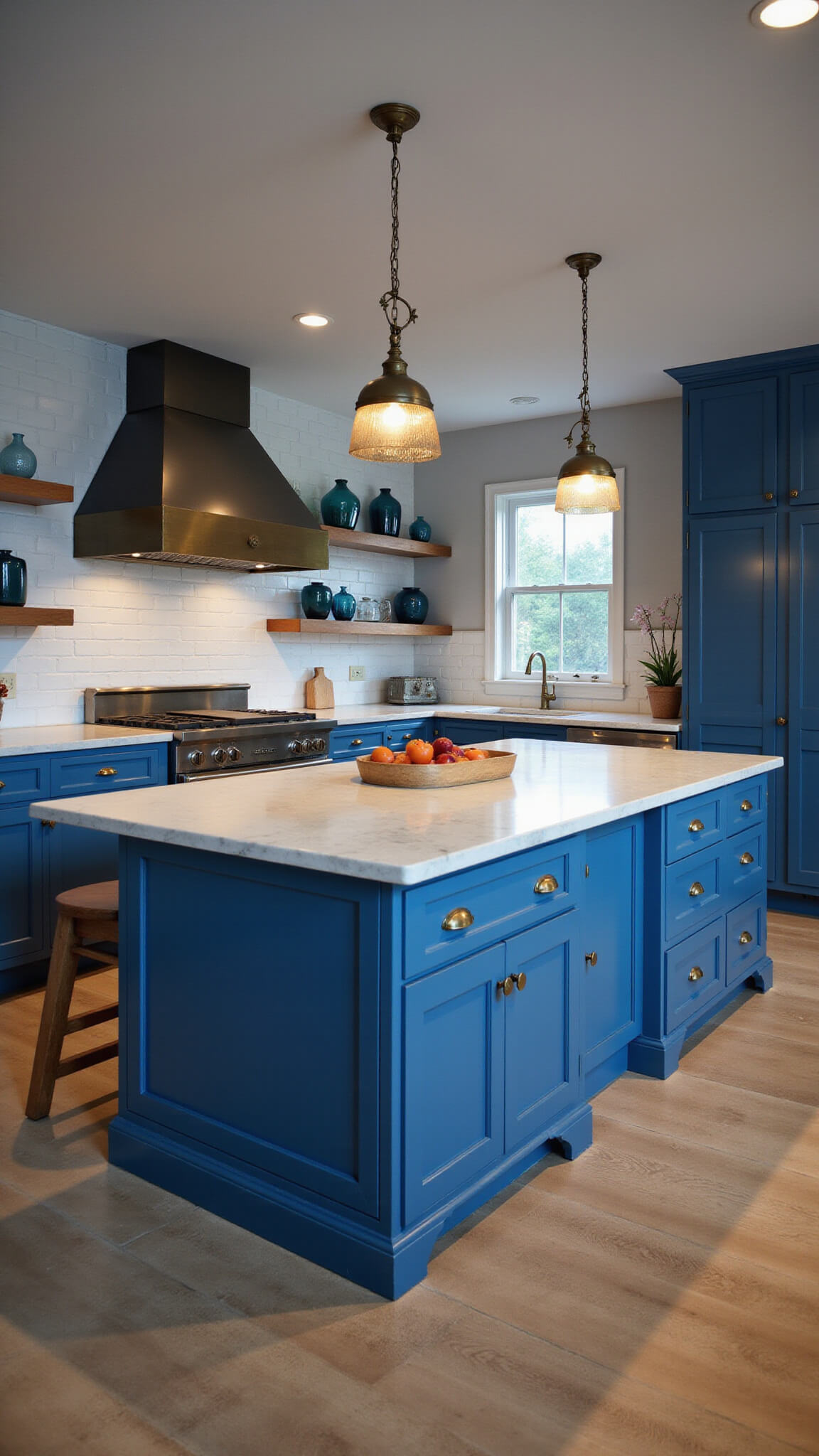 Twilight kitchen with oversized Gale Force blue island, vintage blue glass pendant lights, white oak shelves, blue shaker cabinets, marble surfaces, and brass-accented commercial range.