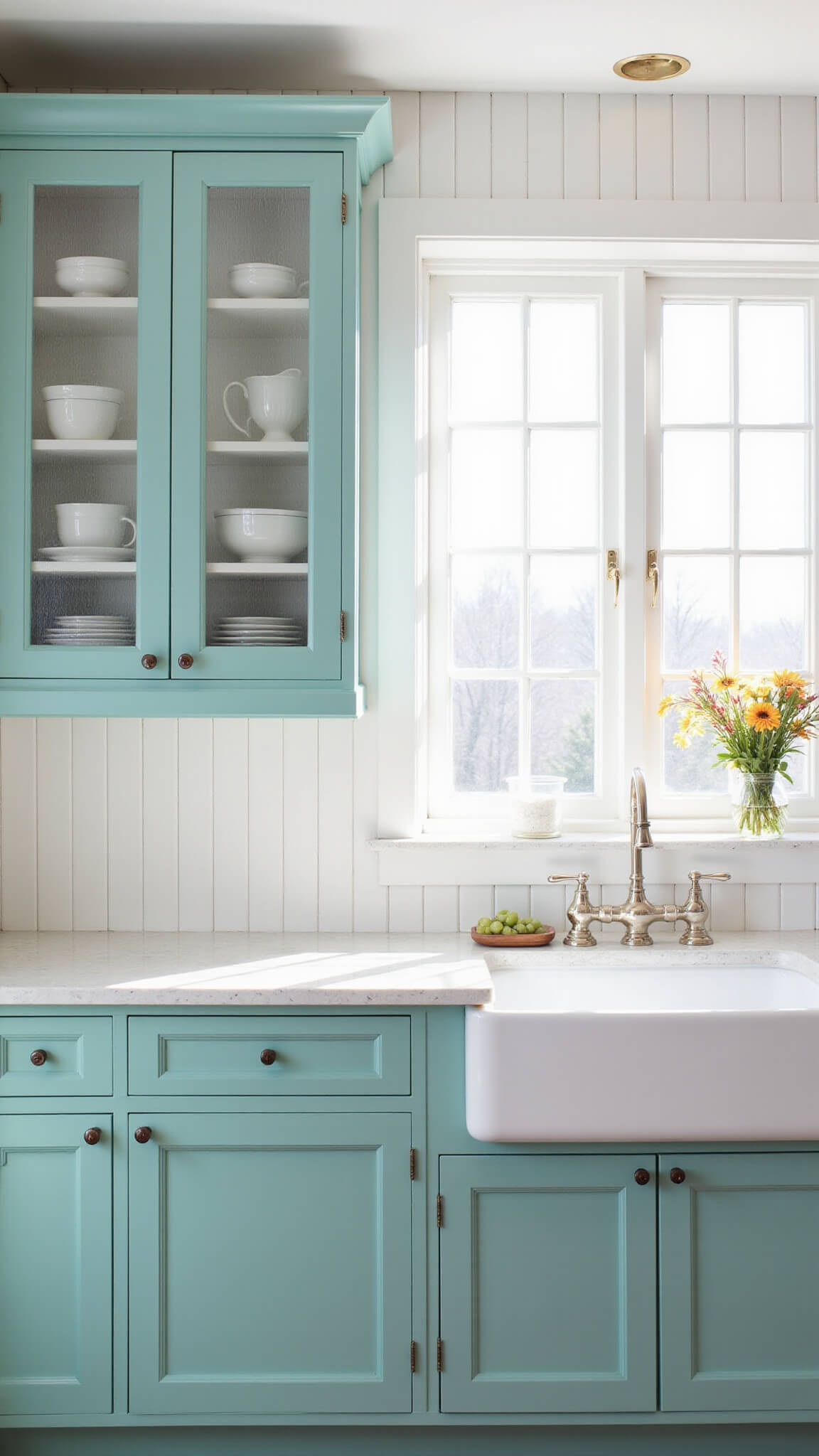Bright morning kitchen with aqua beadboard cabinets, white shiplap walls, glass-front uppers, farmhouse sink, mixed metal hardware, and white quartz counters.