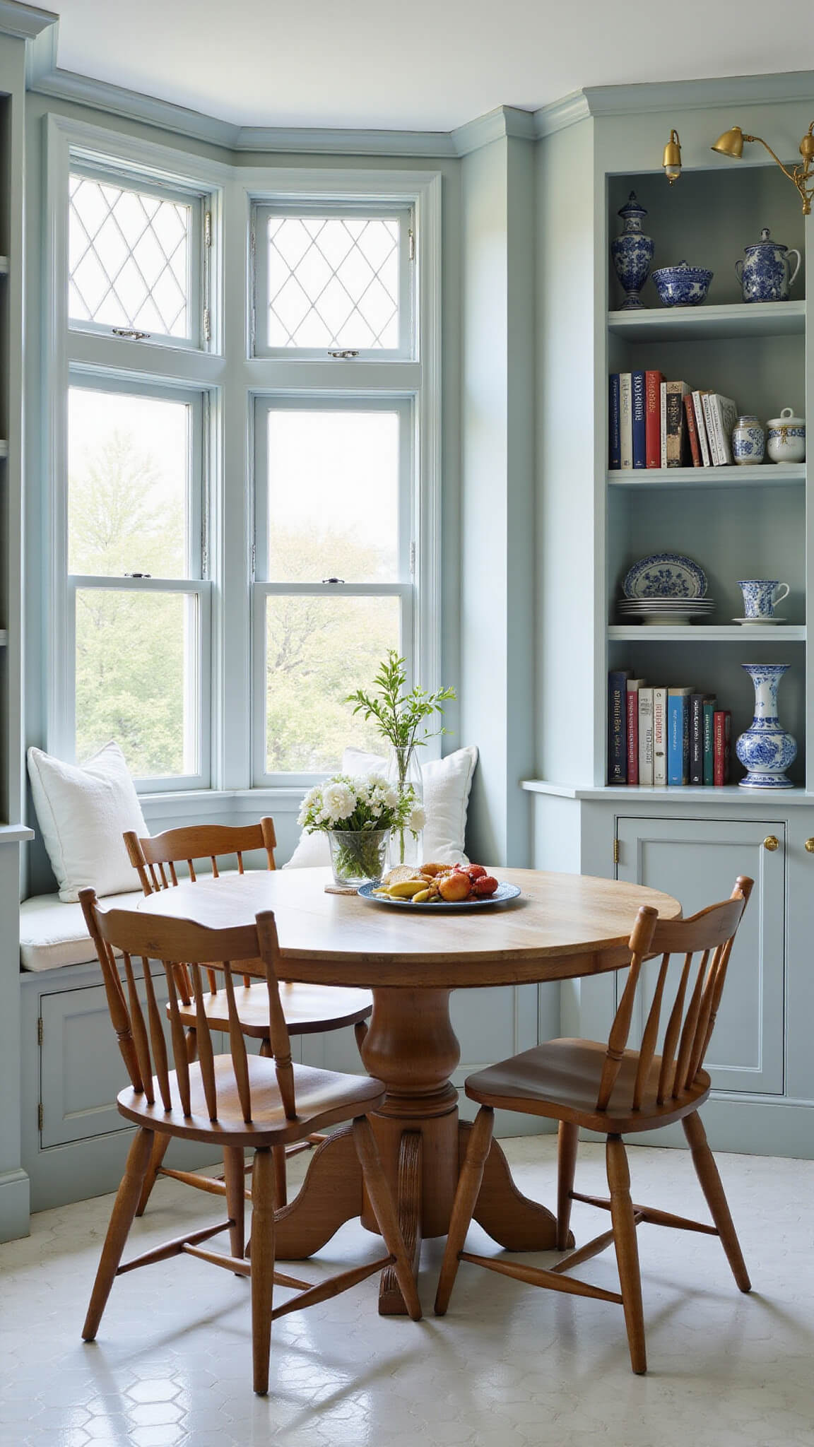 Cozy breakfast nook with light blue built-in cabinets, round oak table, Windsor chairs, bay windows with diamond grilles, and white penny tile floor.