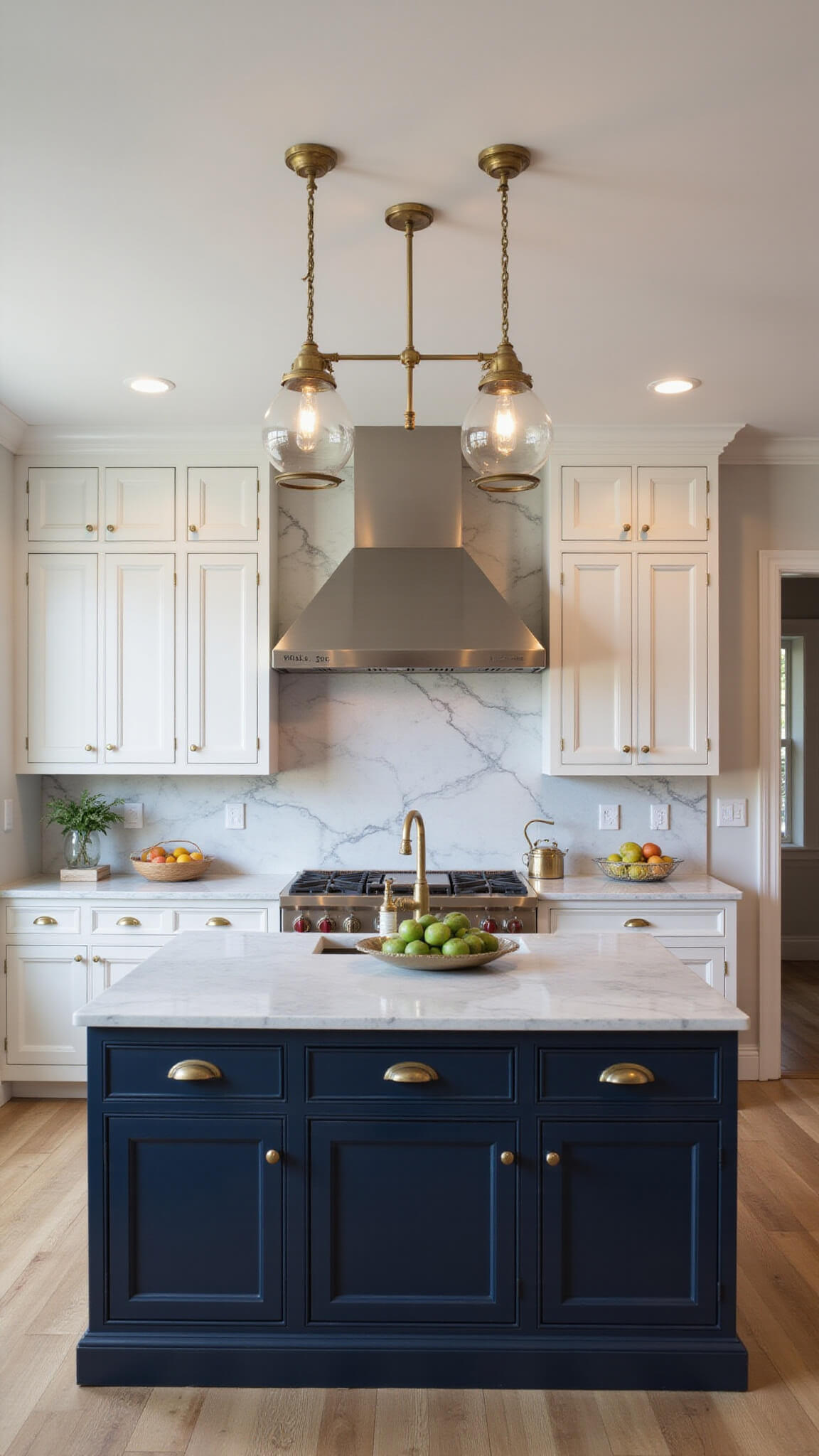 Professional kitchen with navy base cabinets, white upper cabinets, large island, brass pendant lights, professional range with custom hood, and full marble backsplash at golden hour.