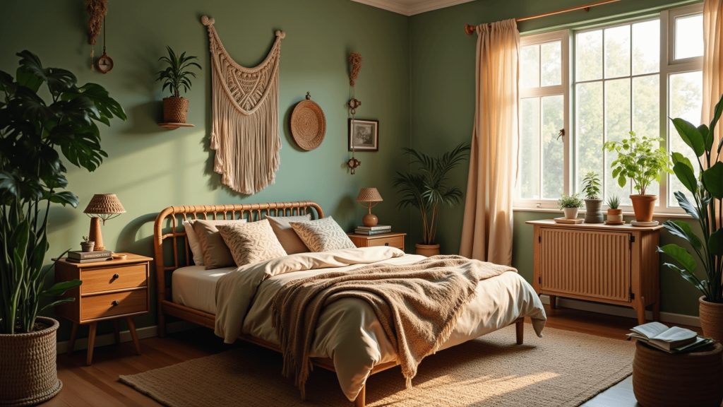 "Bohemian bedroom with sage green walls, rattan bed, macramé decor, and plants, illuminated by warm golden hour light."