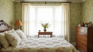 "Vintage bedroom with sage floral wallpaper, antique furniture, lace curtains, and rose quilts in warm morning light"