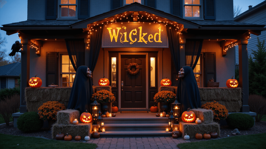 "Halloween-themed front porch at night with illuminated 'Wicked' sign, glowing jack-o'-lanterns, vintage lanterns, copper mums, hay bales, string lights, gothic decor, and motion-activated raven in a blue-hour ambiance."