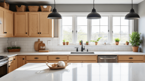 "Modern farmhouse kitchen with honey oak cabinets, white quartz countertops, matte black hardware, stainless steel appliances and natural textures"