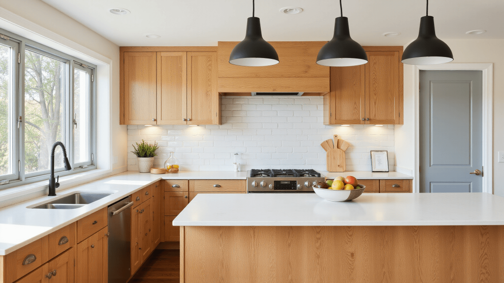 "Sunlit modern kitchen with golden oak cabinets, white quartz countertops, subway tile backsplash, and black pendant lights"