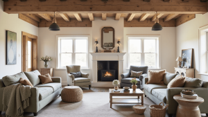 "Cozy modern rustic barn interior with exposed wooden beams, vintage furnishings and natural textures, enhanced by warm morning sunlight"