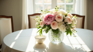 "Sunlit Mother's Day centerpiece with pink peonies, roses, and white ranunculus in a crystal vase on a cream linen tablecloth"